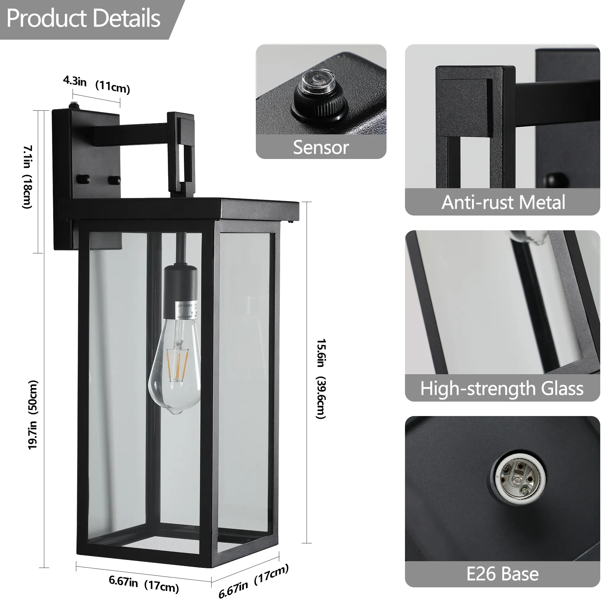 Modern Black Clear Glass Outdoor Wall Lantern, 20 in (2-Pack), image 8 of 8