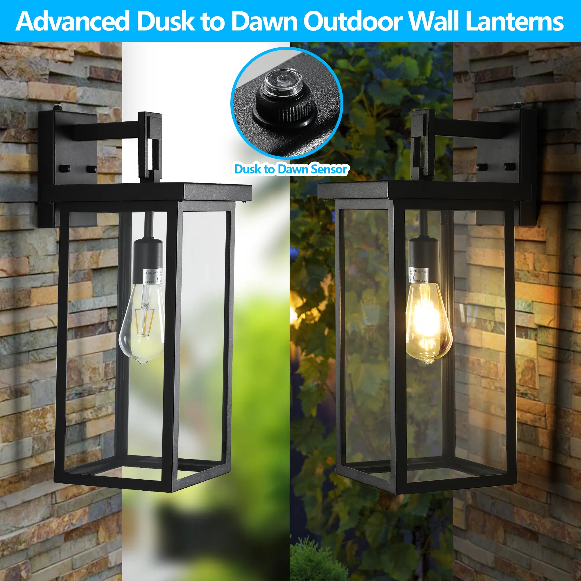 Modern Black Clear Glass Outdoor Wall Lantern, 20 in (2-Pack), image 4 of 8