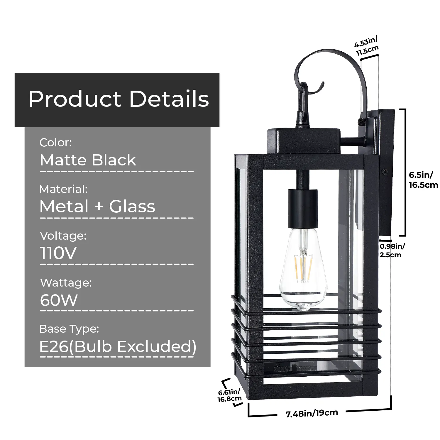 Modern Matte Black Glass Outdoor Wall Light, 18.1 in (2-Pack), image 8 of 8
