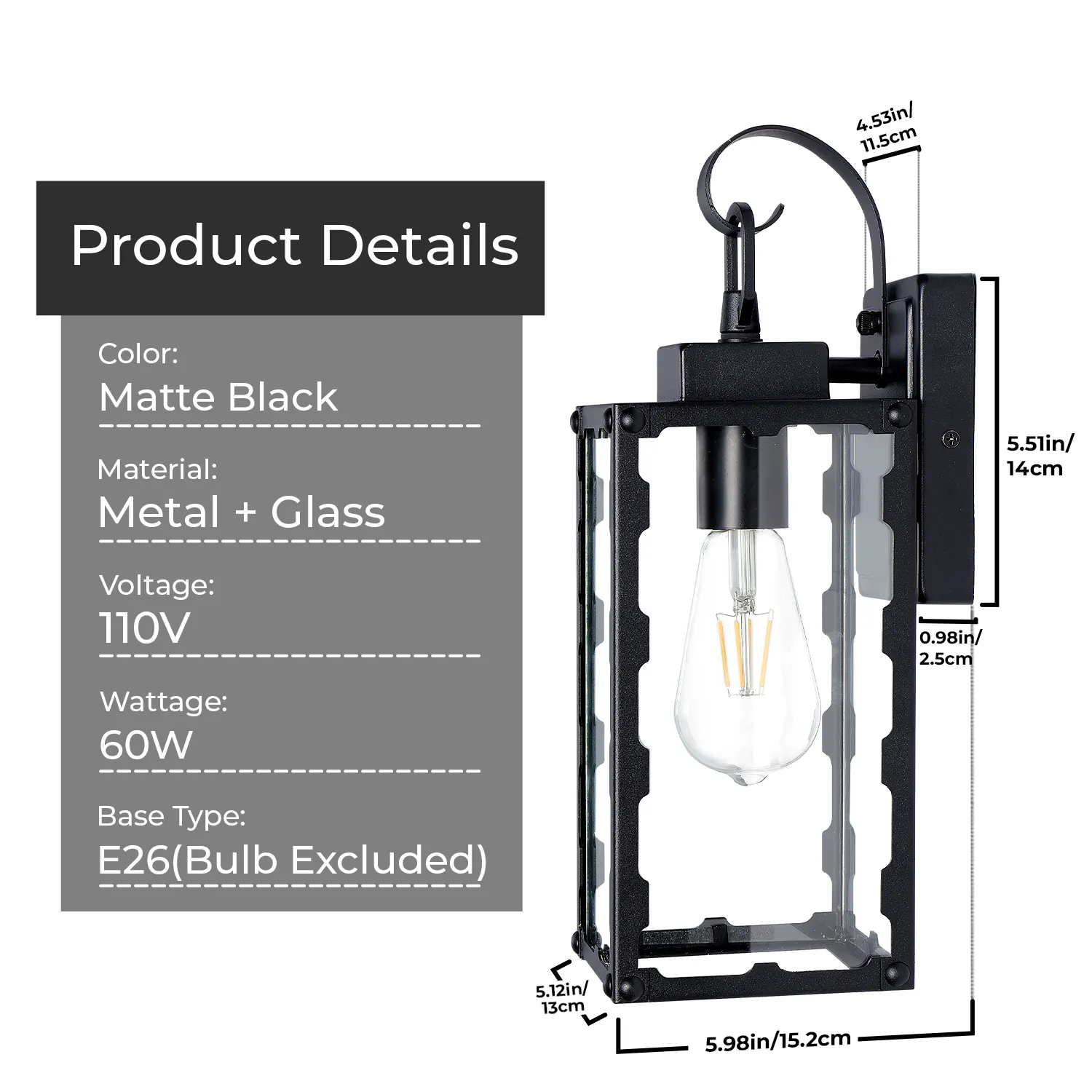 Matte Black Glass Outdoor Wall Light, 14.6 in (2-Pack), image 7 of 8