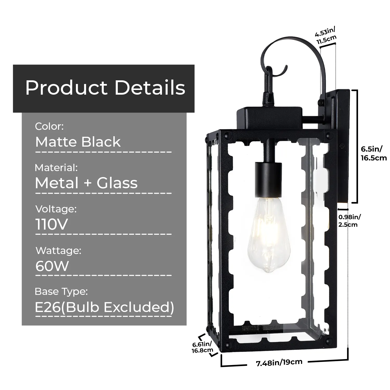 Matte Black Glass Outdoor Wall Light, 18.1 in (2-Pack), image 8 of 8