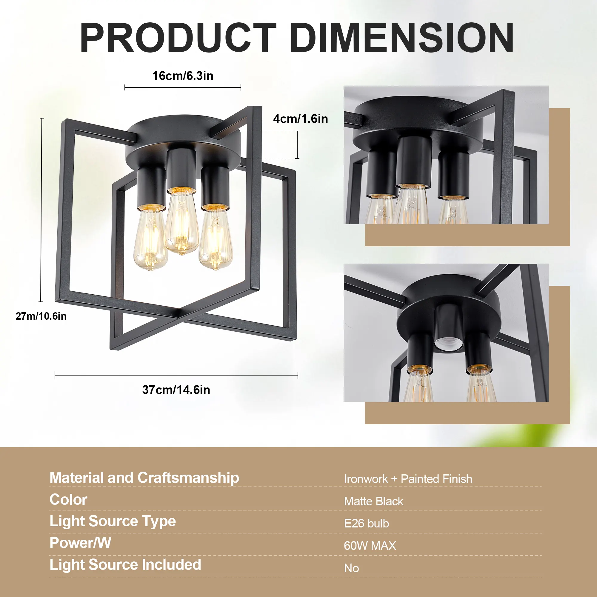 Matte Black 3-Light Flush Mount Ceiling Light, 14.6 in, image 3 of 8