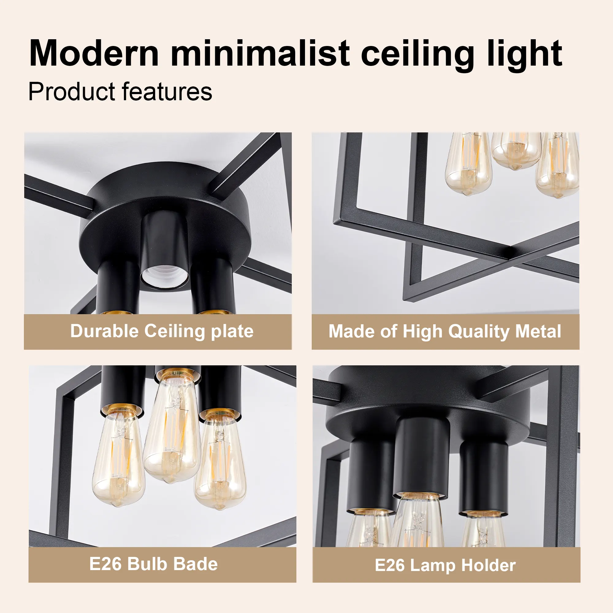 Matte Black 3-Light Flush Mount Ceiling Light, 14.6 in, image 8 of 8