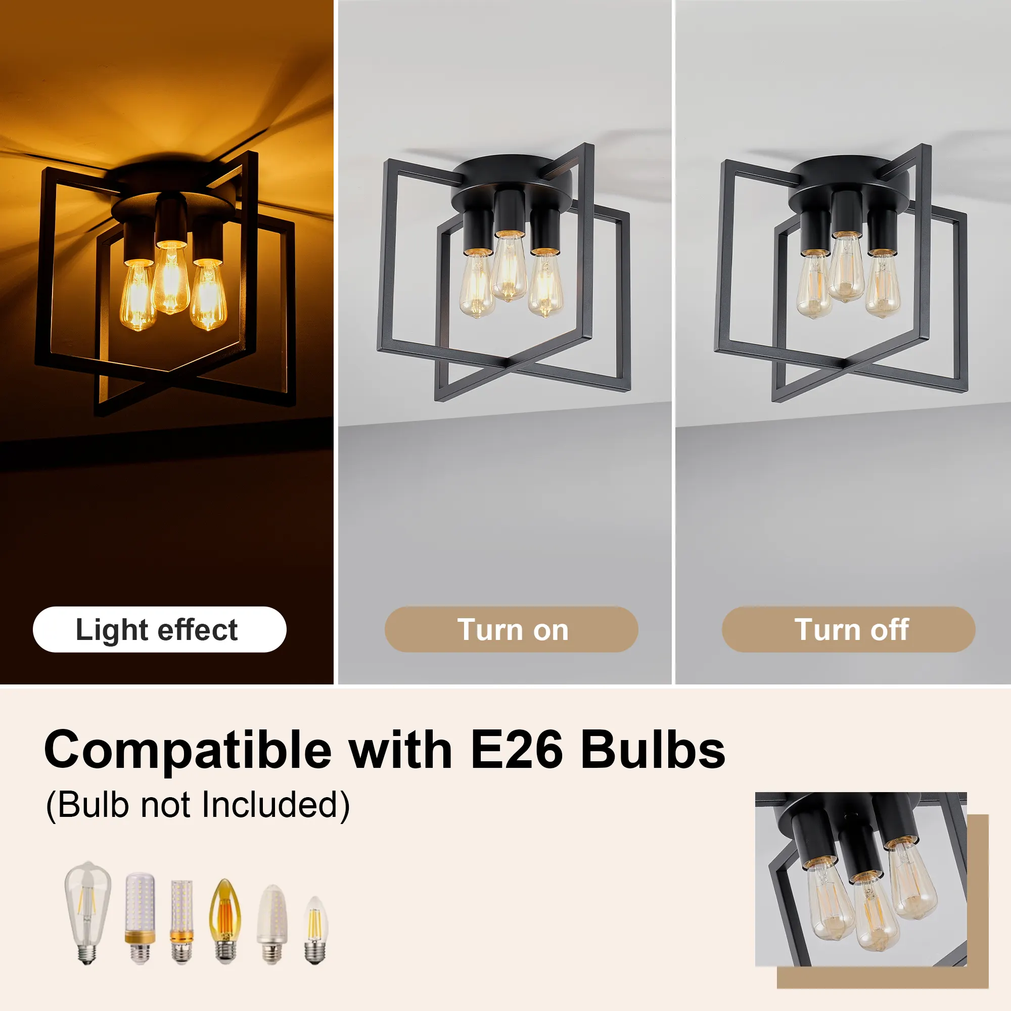 Matte Black 3-Light Flush Mount Ceiling Light, 14.6 in, image 4 of 8