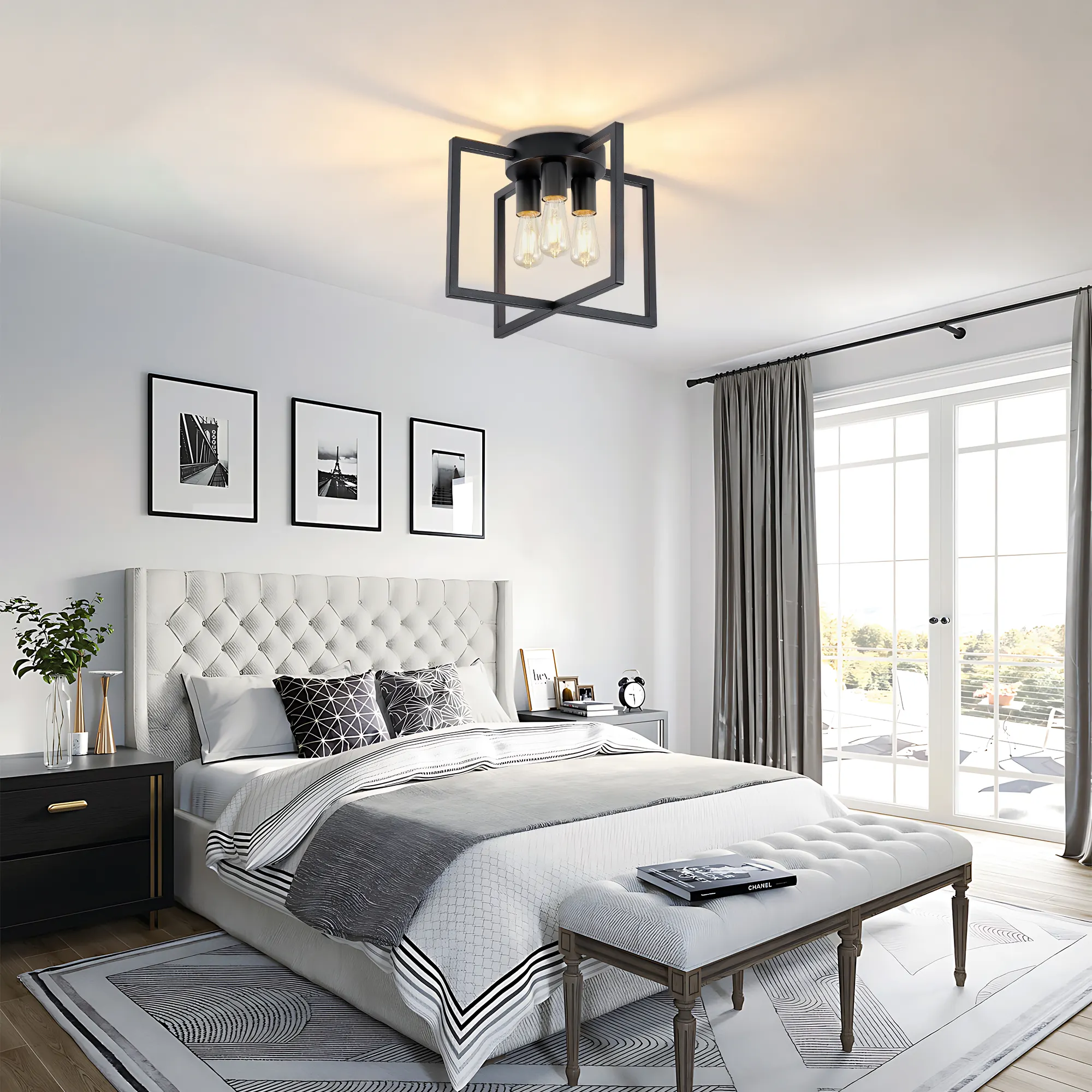 Matte Black 3-Light Flush Mount Ceiling Light, 14.6 in, image 6 of 8