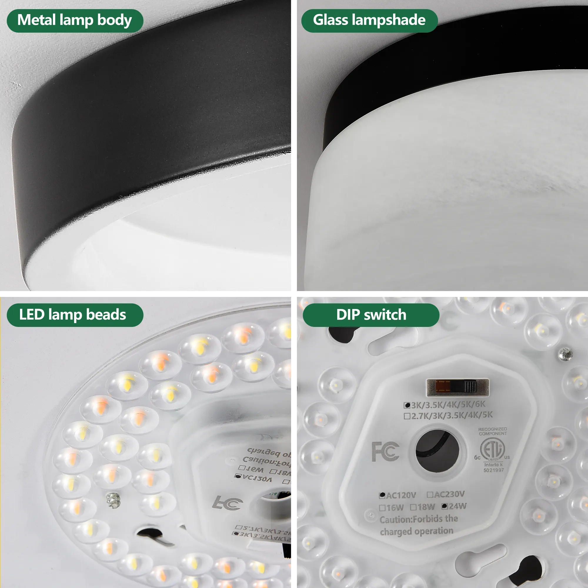 Modern Black Flush Mount Ceiling Light, 12 in · Dimmable, image 3 of 8