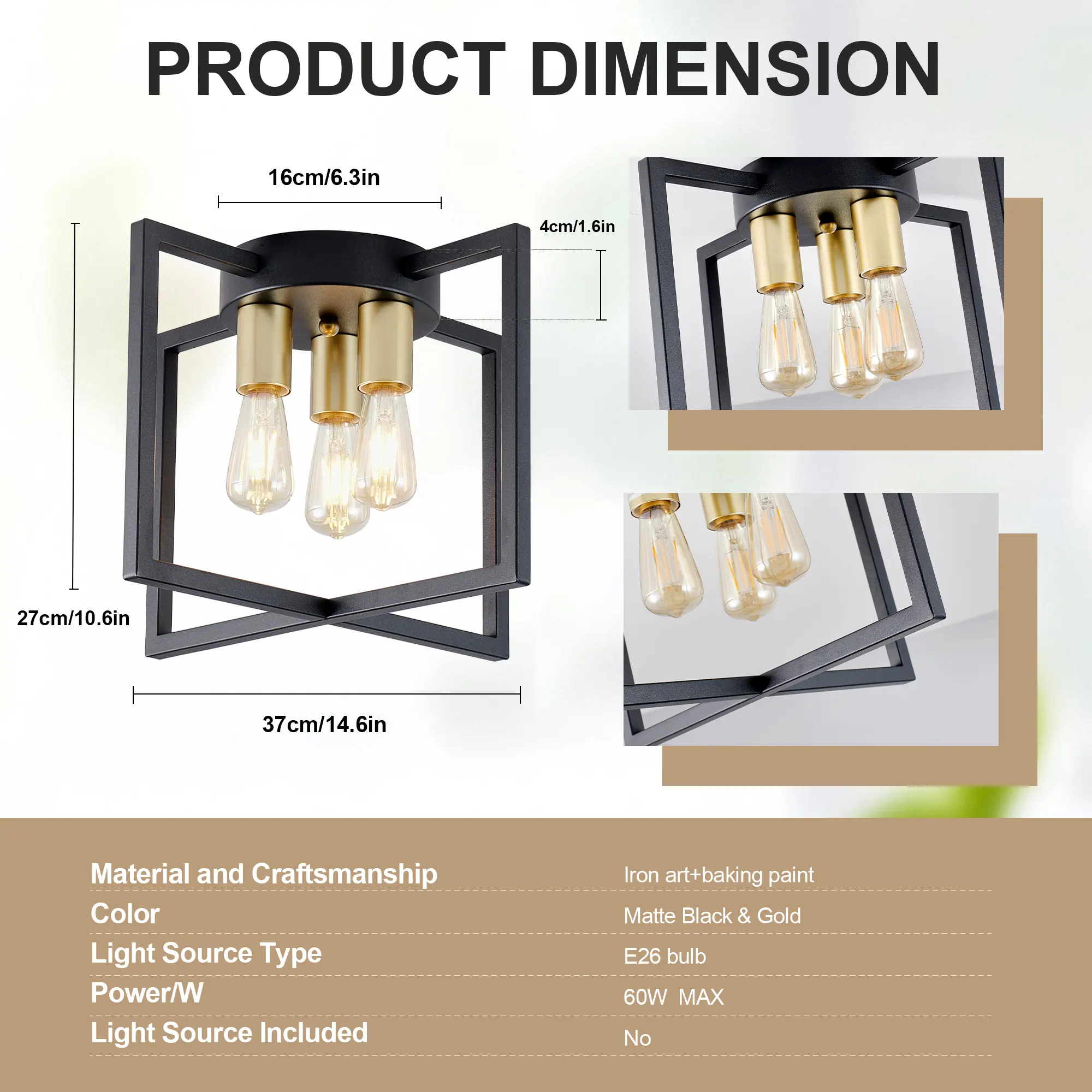 Matte Black 3-Light Flush Mount Ceiling Light, 14.6 in, image 2 of 8