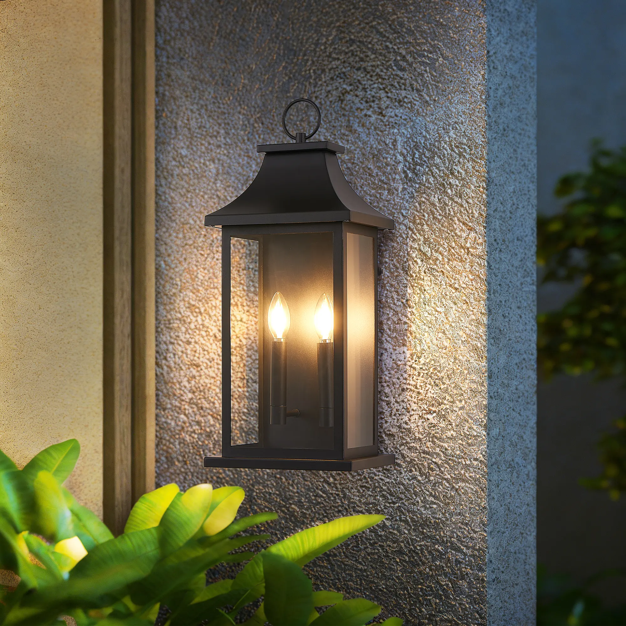 Matte Black 2-Light Clear Glass Outdoor Wall Light, 22.2 in · Dusk-to-Dawn