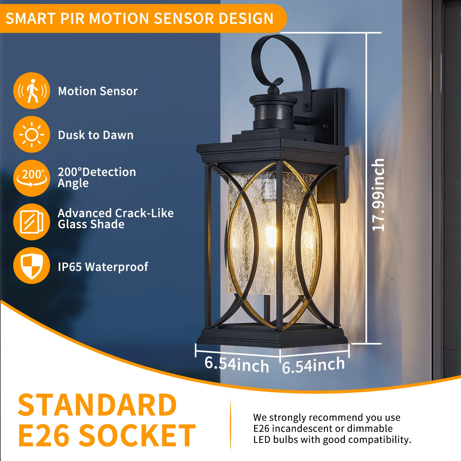 Modern Black Glass Outdoor Wall Light, 17.99 in · Dusk-to-Dawn, image 2 of 7