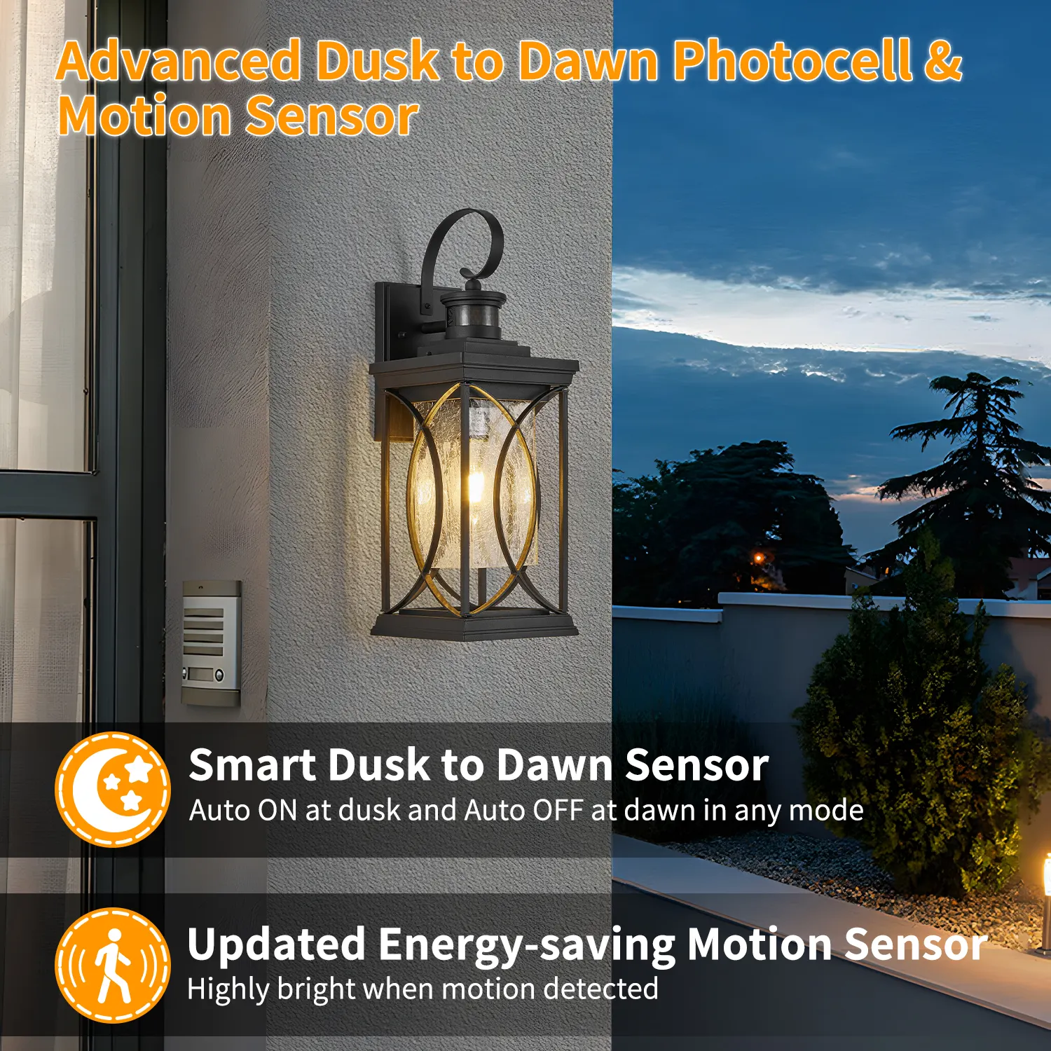Modern Black Glass Outdoor Wall Light, 17.99 in · Dusk-to-Dawn, image 4 of 7
