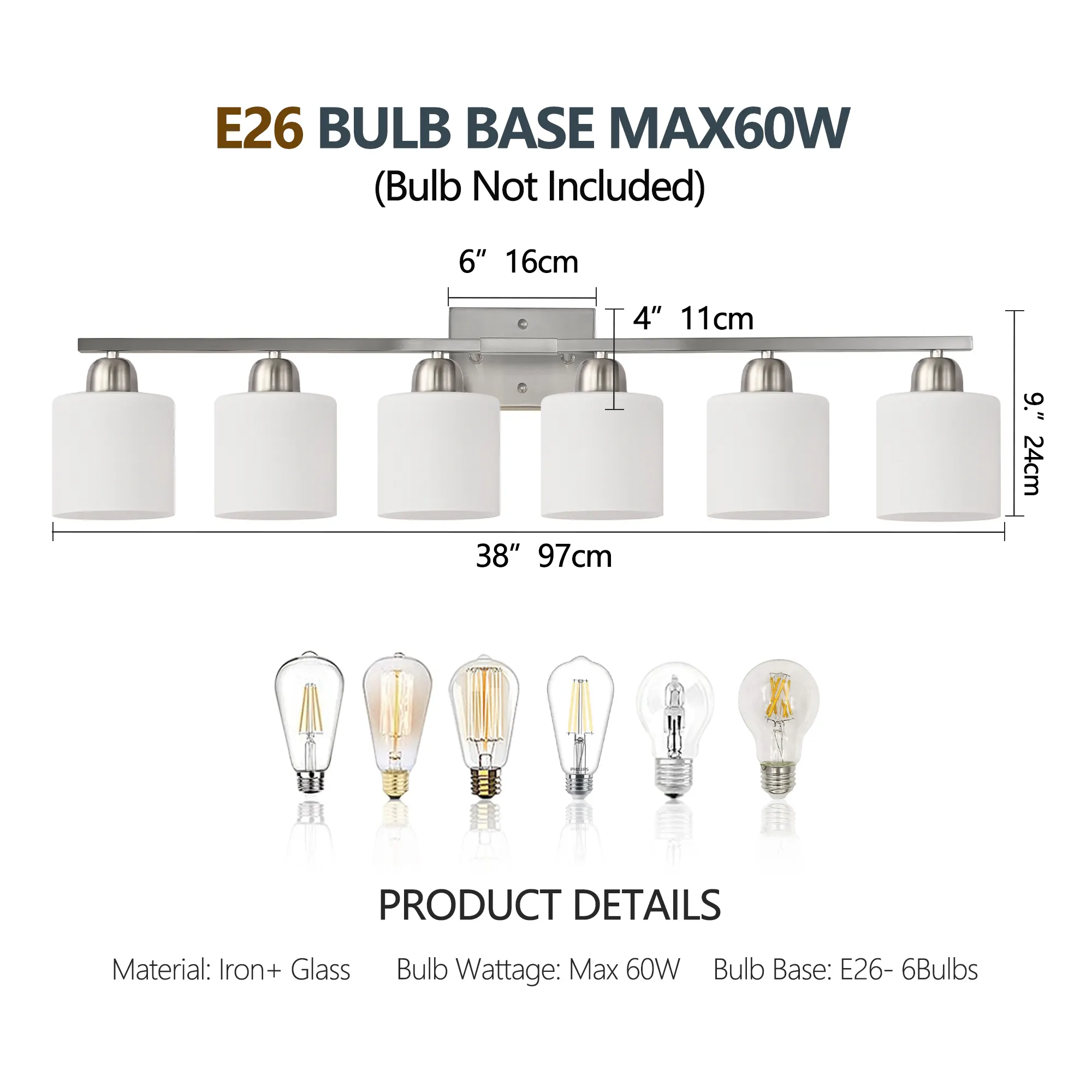 Chrome 6-Light Glass Vanity Light, 38 in, image 5 of 6