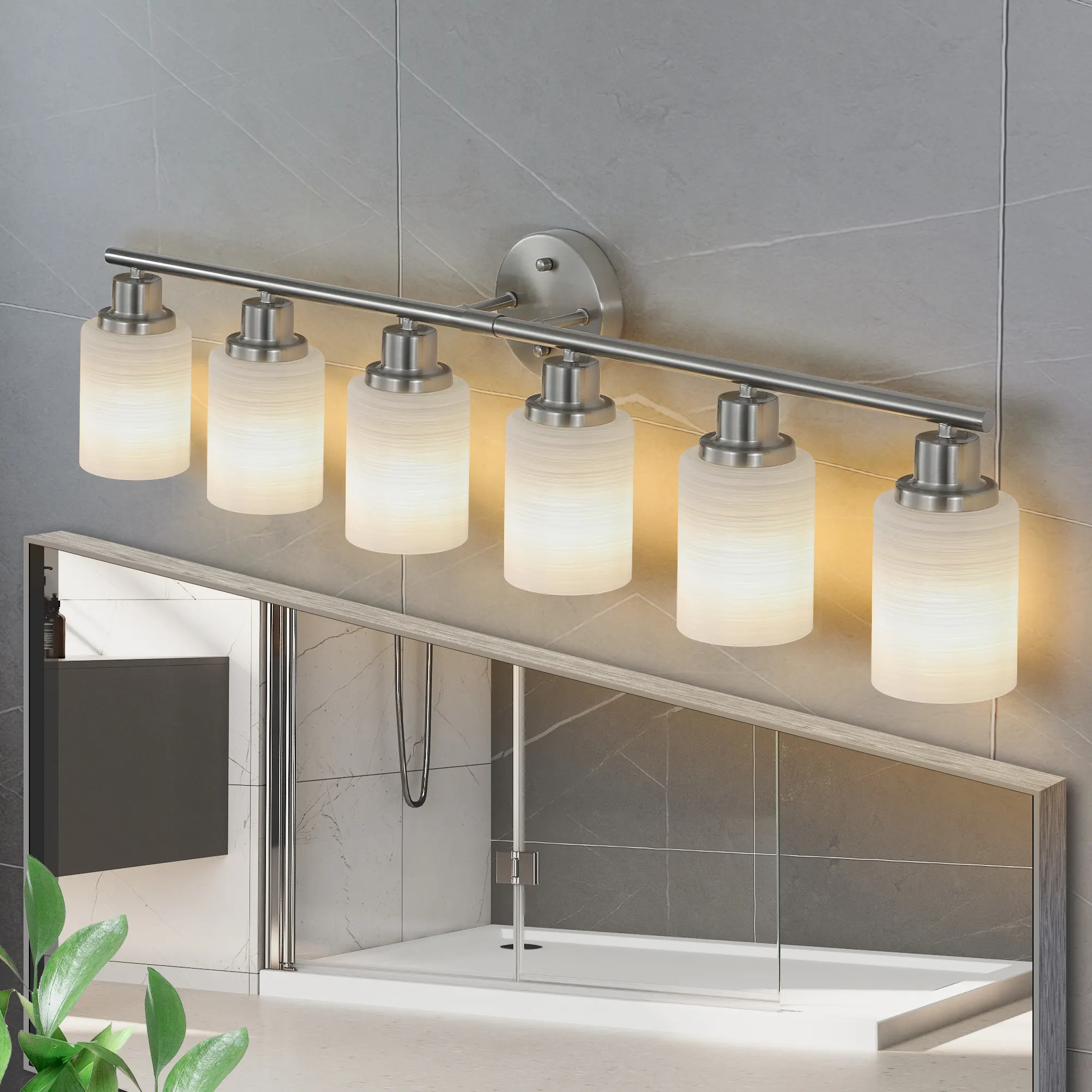 Modern Brushed Nickel 6-Light Frosted Glass Vanity Light, 39 in