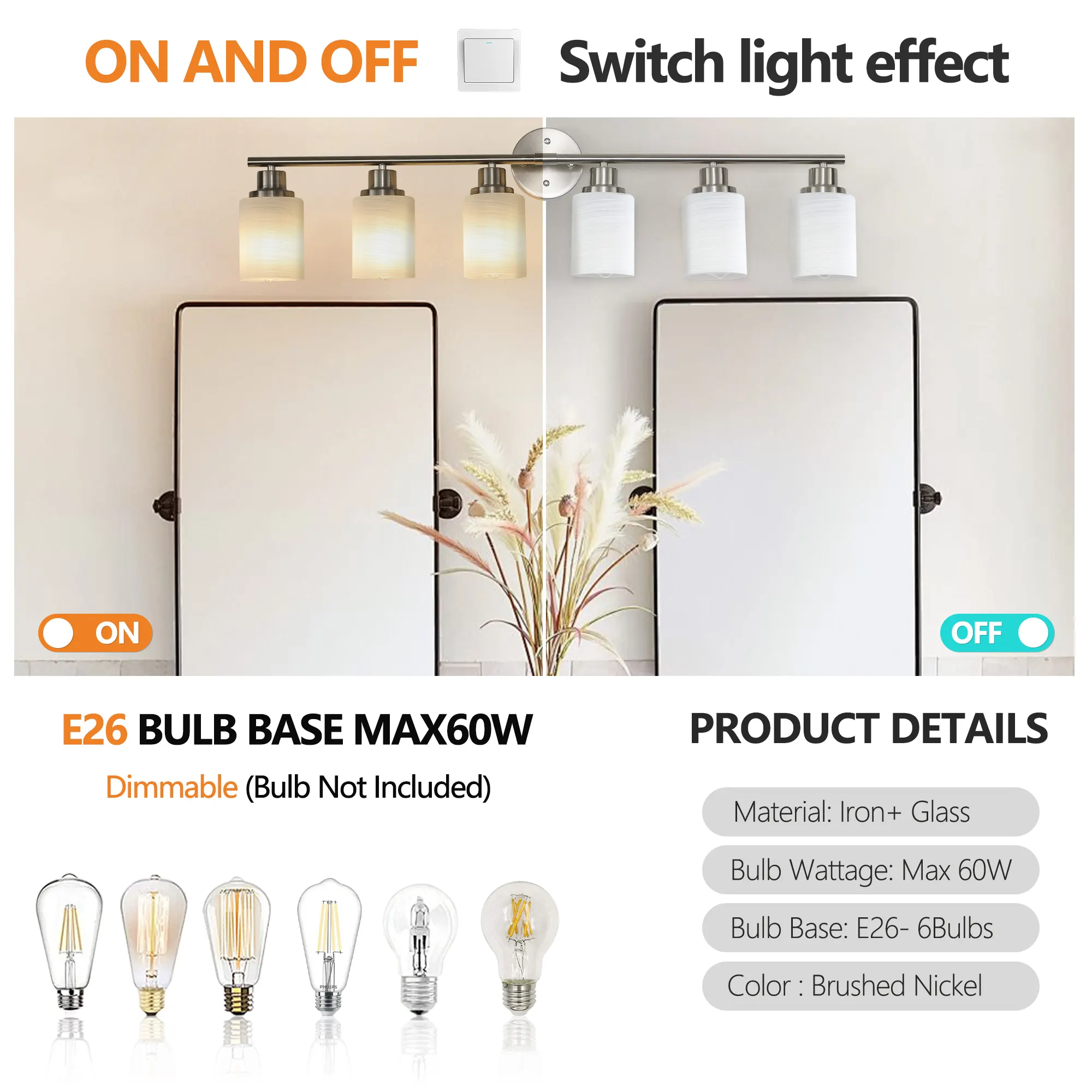 Modern Brushed Nickel 6-Light Frosted Glass Vanity Light, 39 in, image 5 of 7