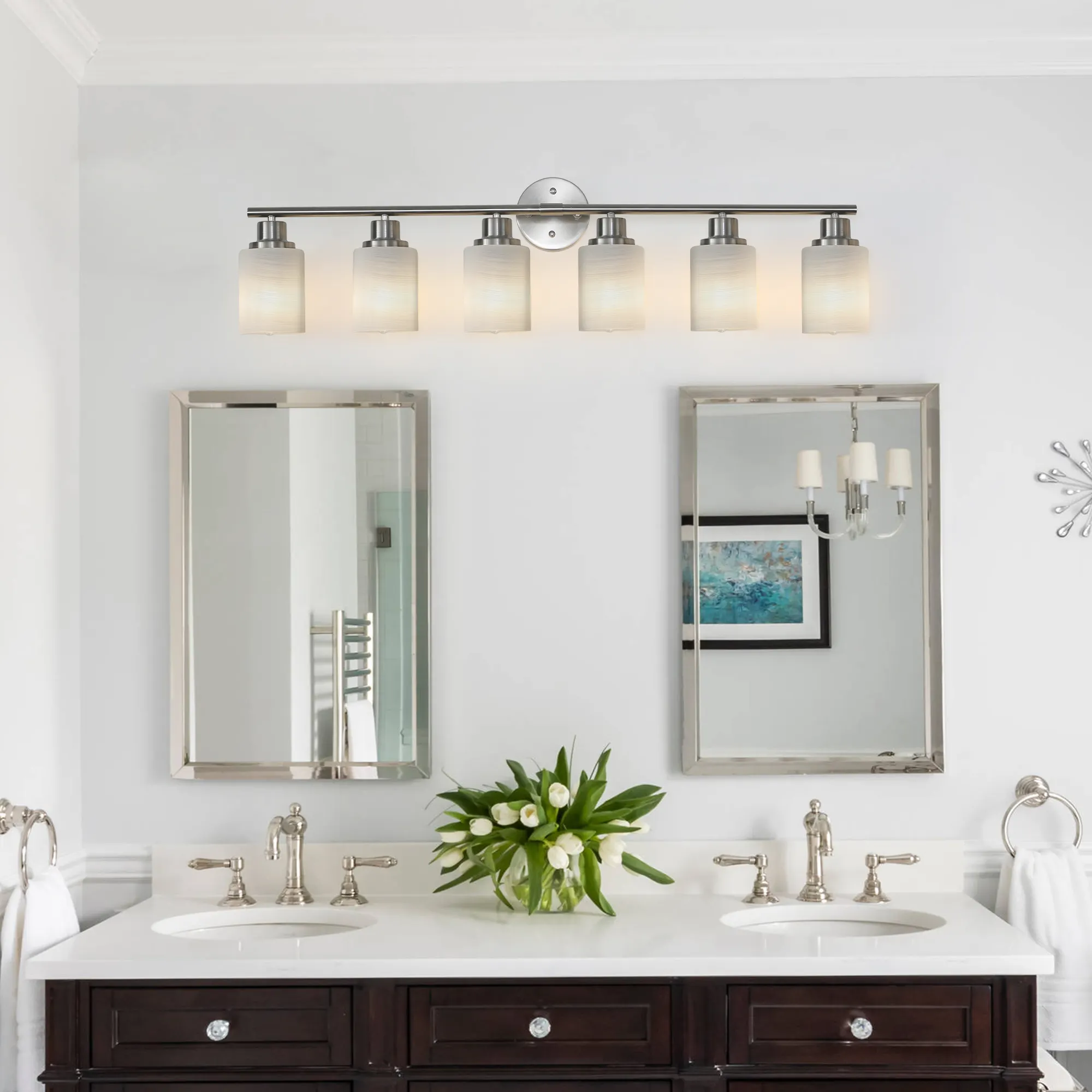 Modern Brushed Nickel 6-Light Frosted Glass Vanity Light, 39 in, image 4 of 7