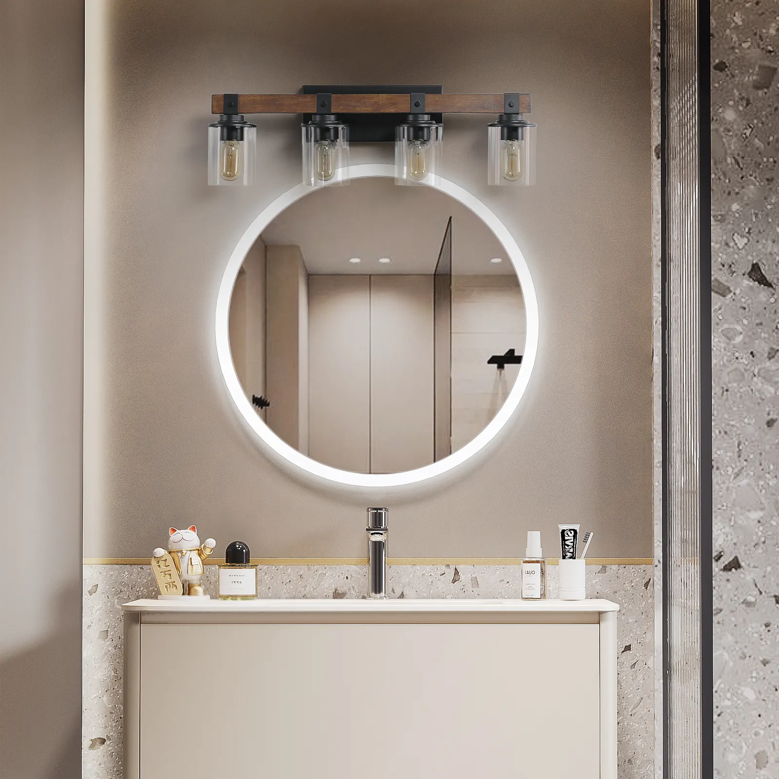 Modern Farmhouse Wood 4-Light Glass Vanity Light, 27 in, image 2 of 7