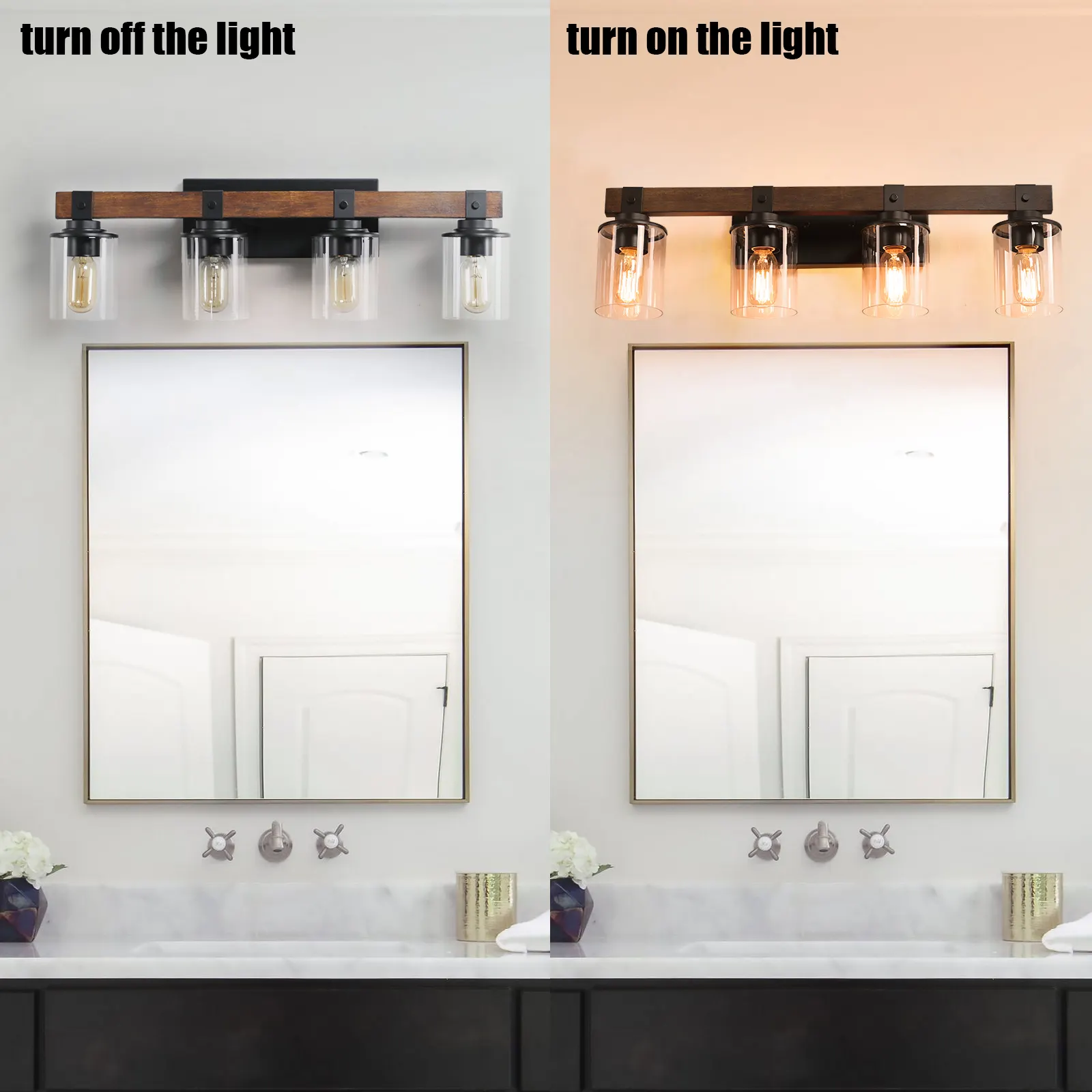 Modern Farmhouse Wood 4-Light Glass Vanity Light, 27 in, image 3 of 7
