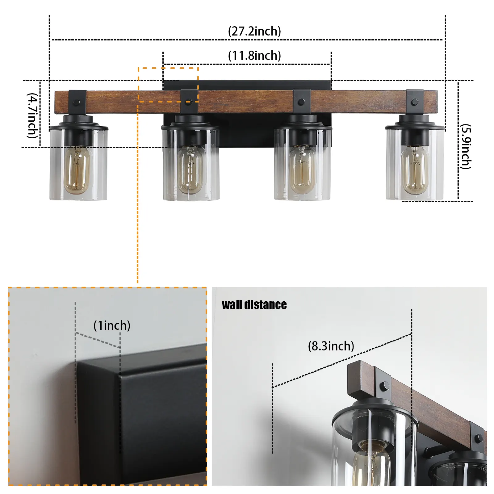 Modern Farmhouse Wood 4-Light Glass Vanity Light, 27 in, image 6 of 7