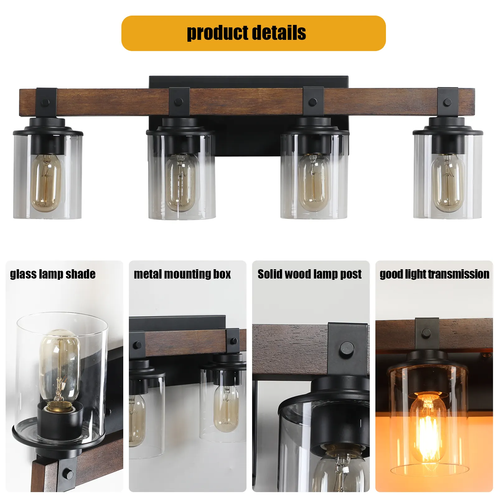 Modern Farmhouse Wood 4-Light Glass Vanity Light, 27 in, image 7 of 7