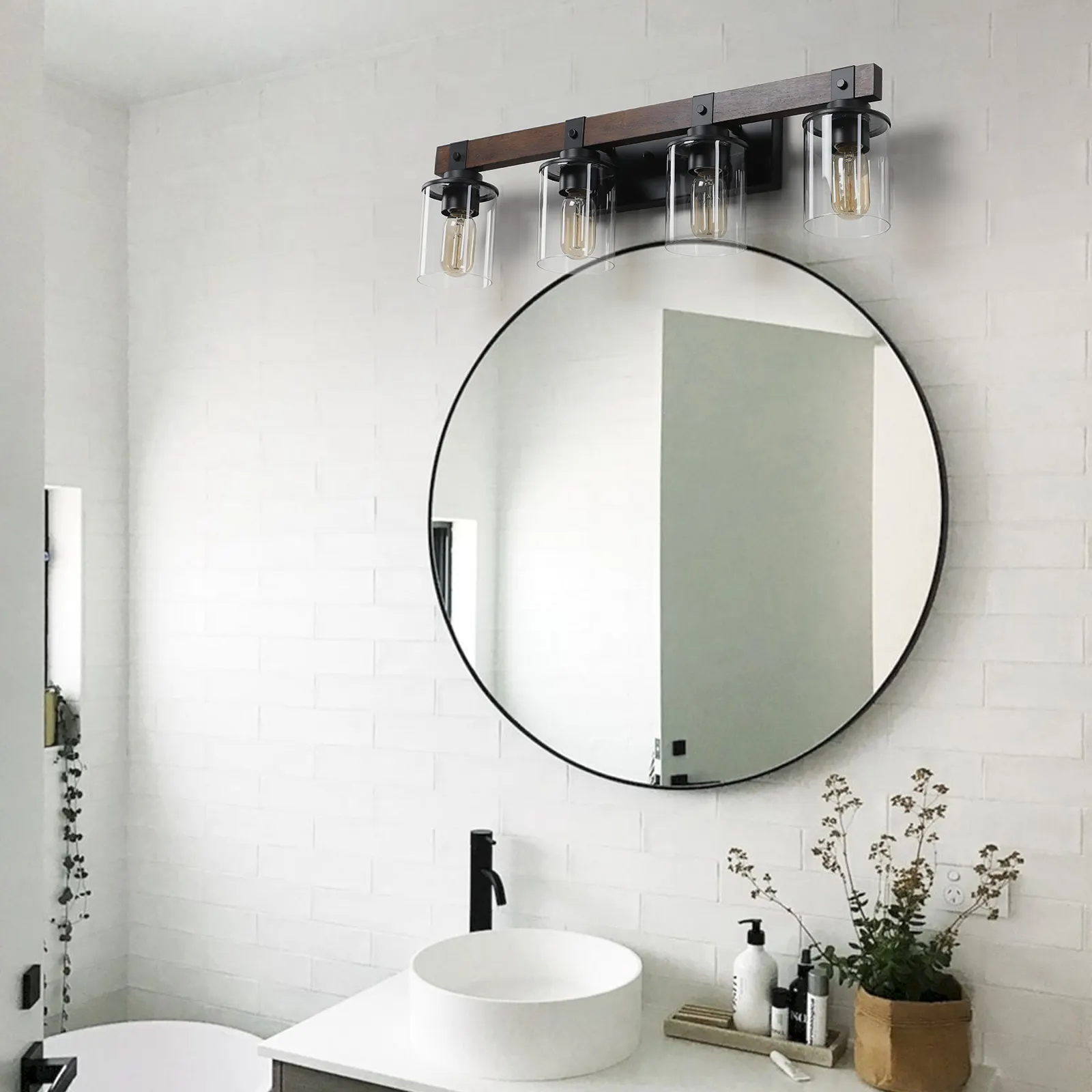 Modern Farmhouse Wood 4-Light Glass Vanity Light, 27 in, image 5 of 7