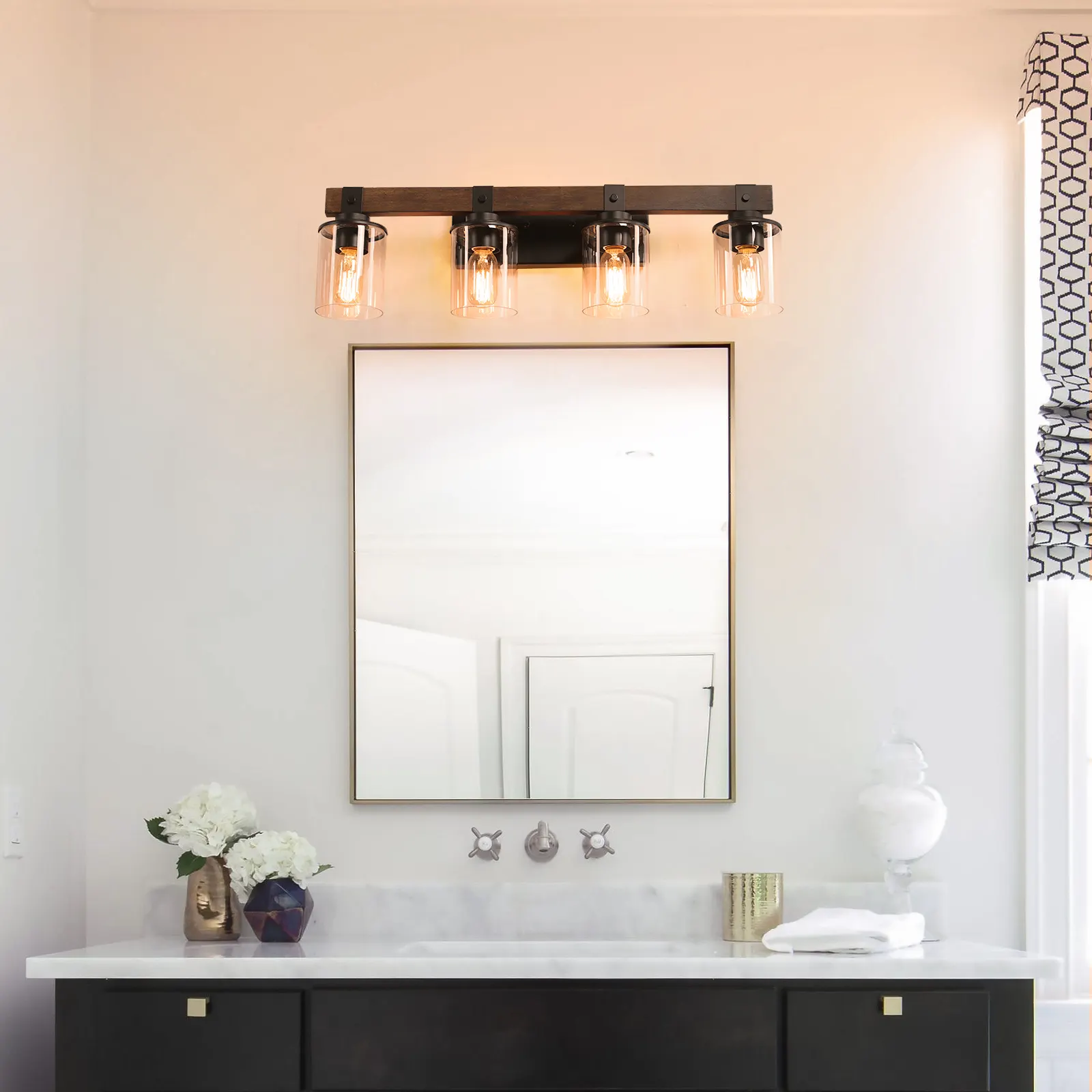 Modern Farmhouse Wood 4-Light Glass Vanity Light, 27 in