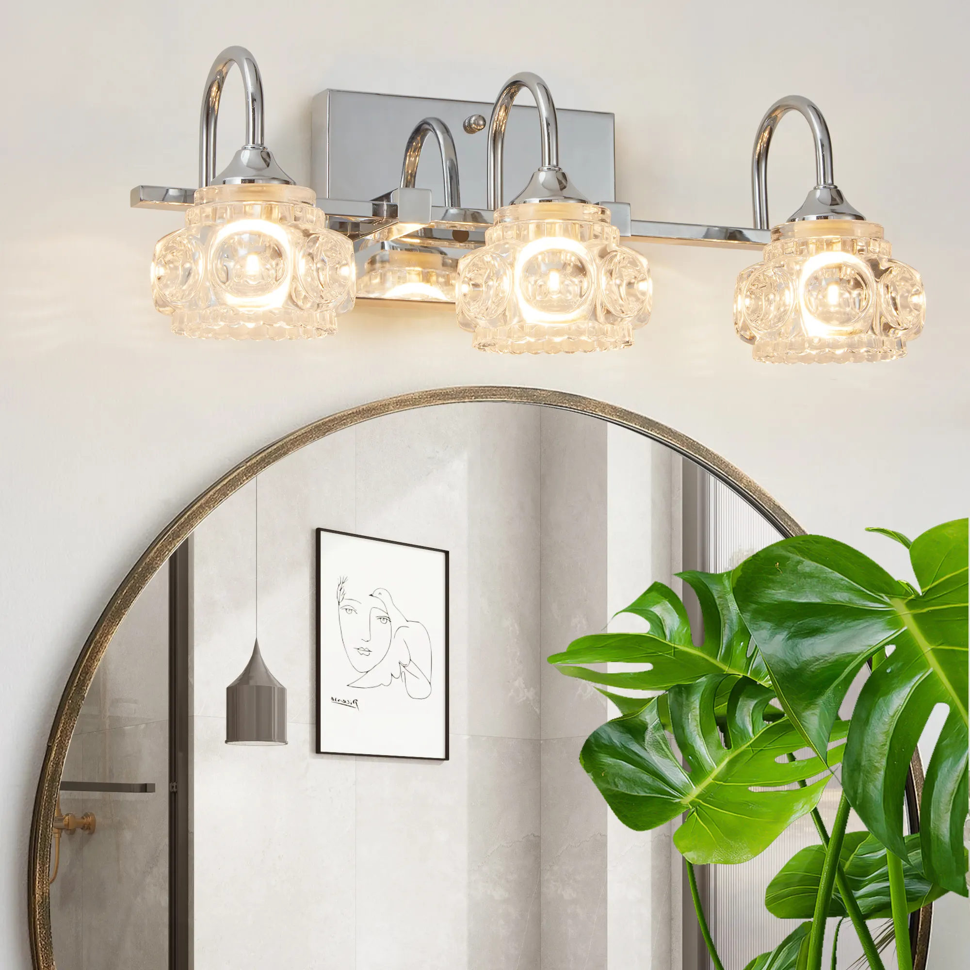 Modern Brushed Nickel 3-Light Clear Glass Vanity Light, 17 in, image 2 of 7