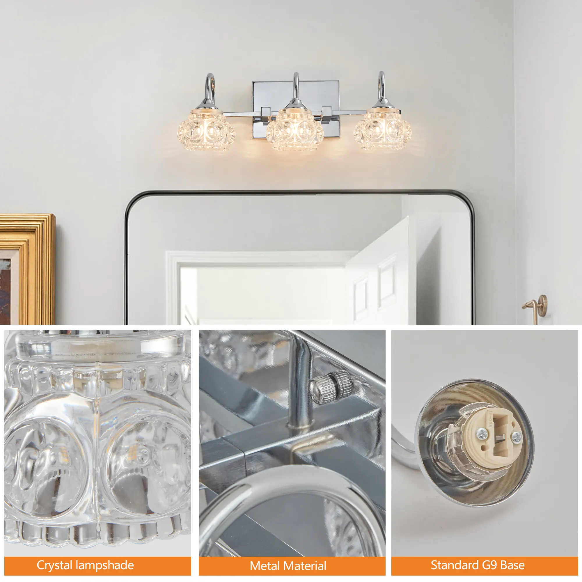 Modern Brushed Nickel 3-Light Clear Glass Vanity Light, 17 in, image 3 of 7