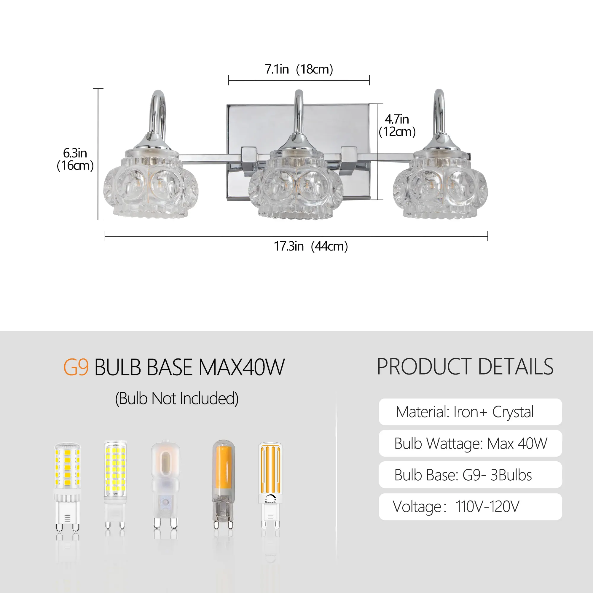 Modern Brushed Nickel 3-Light Clear Glass Vanity Light, 17 in, image 7 of 7