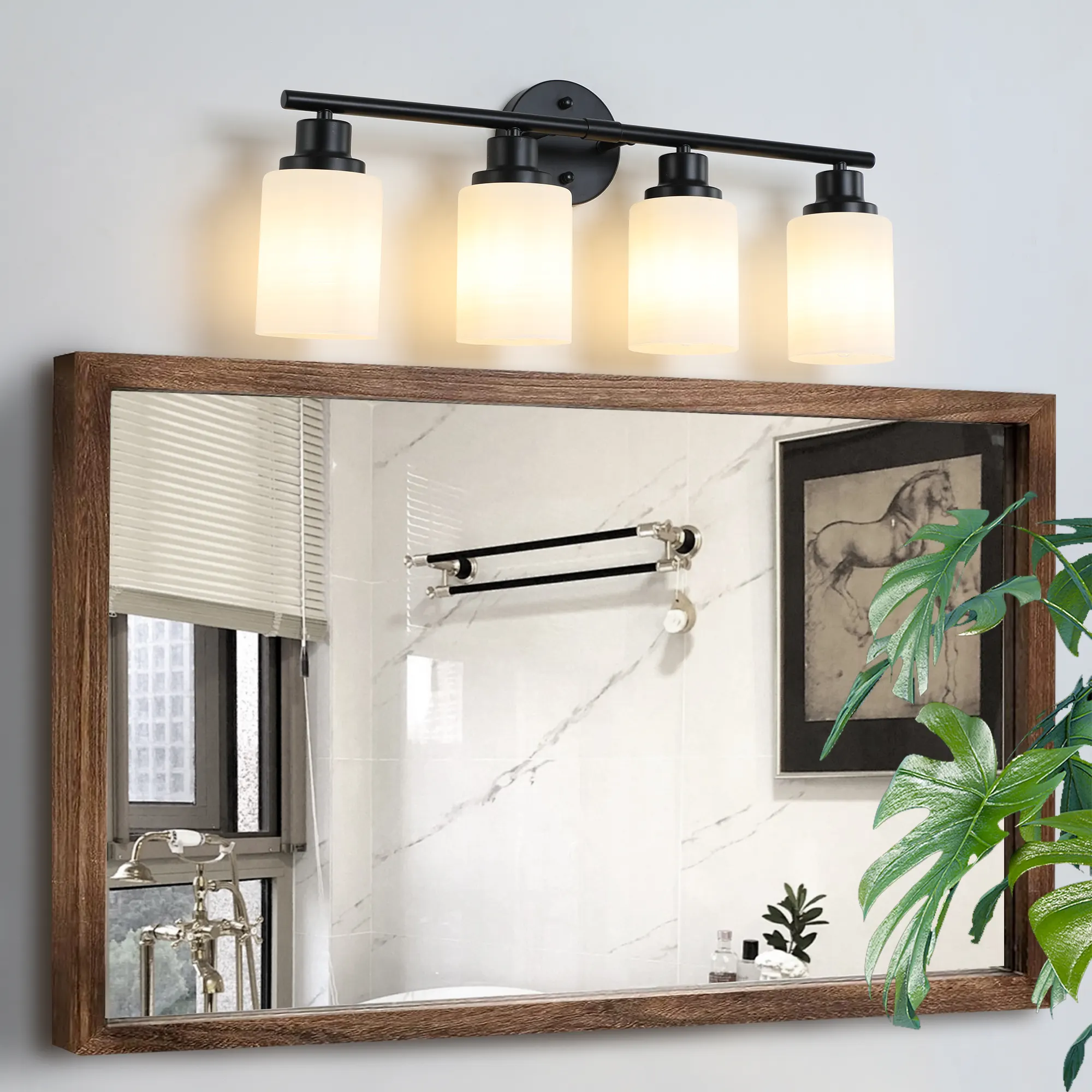 Modern Black 4-Light Glass Vanity Light, 24 in