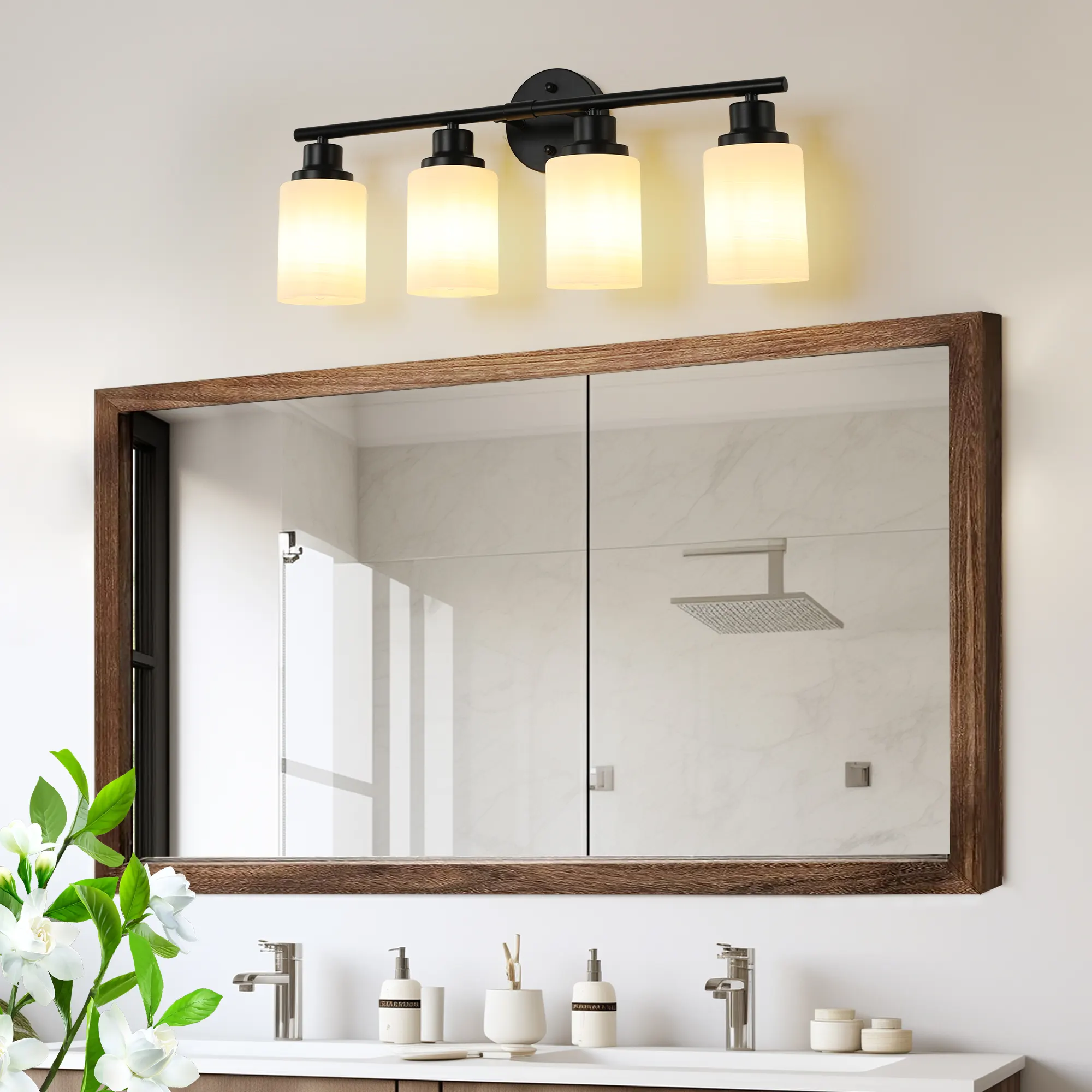 Modern Black 4-Light Glass Vanity Light, 24 in, image 3 of 7