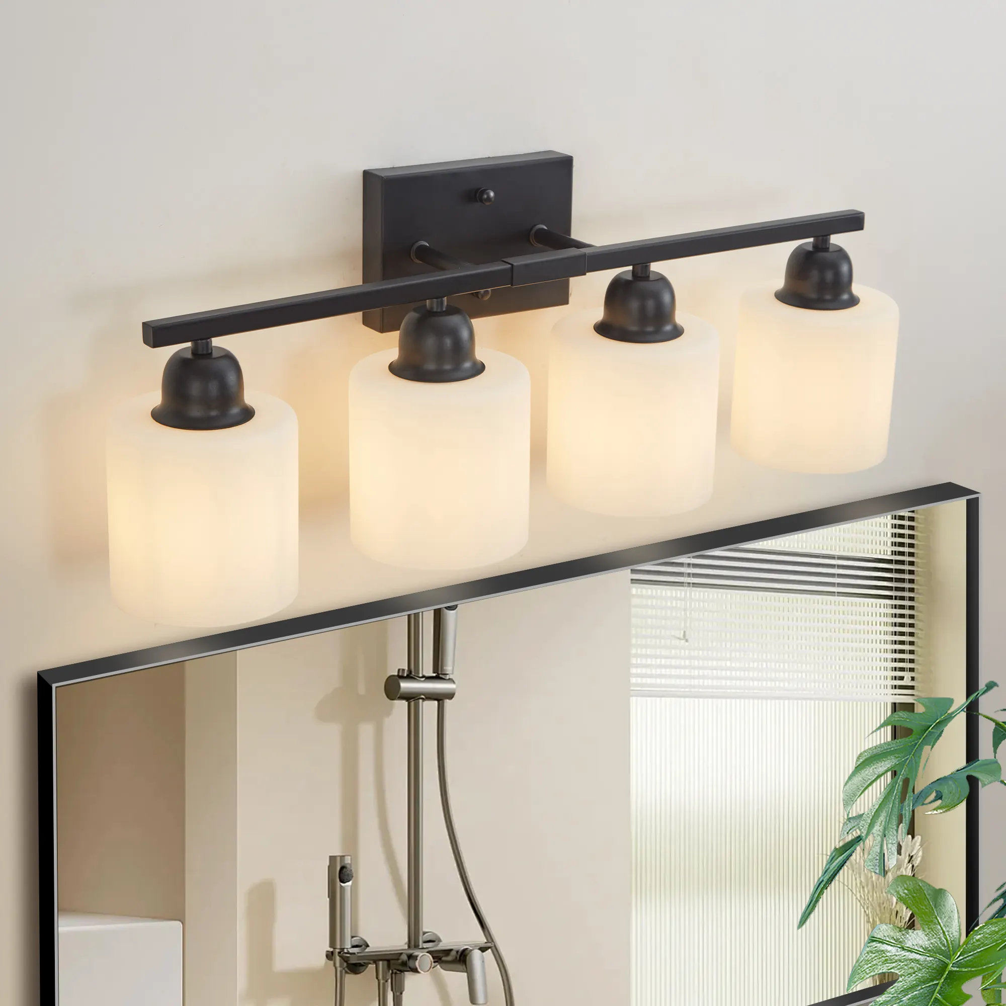 Matte Black 4-Light Glass Vanity Light, 24.8 in