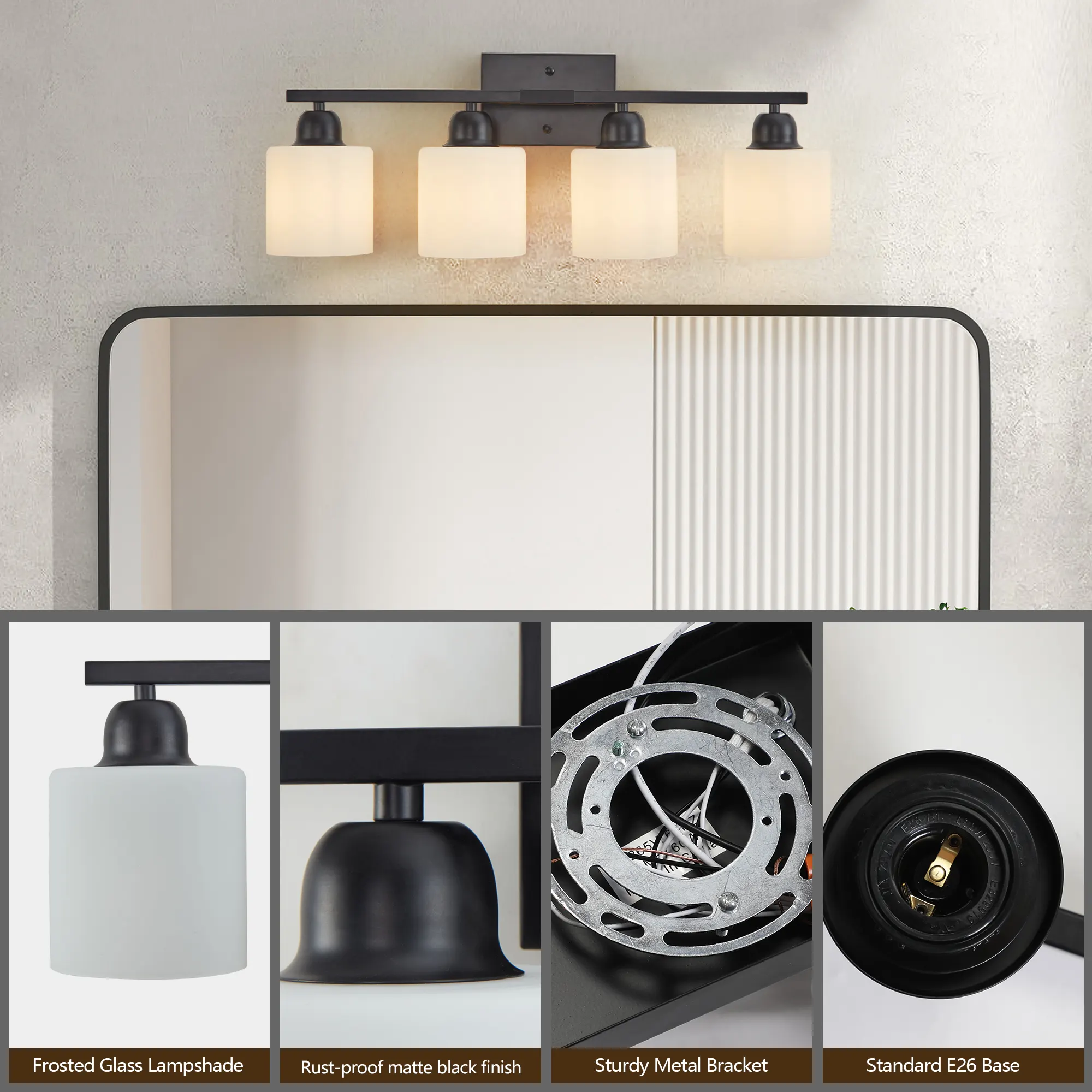 Matte Black 4-Light Glass Vanity Light, 24.8 in, image 3 of 6