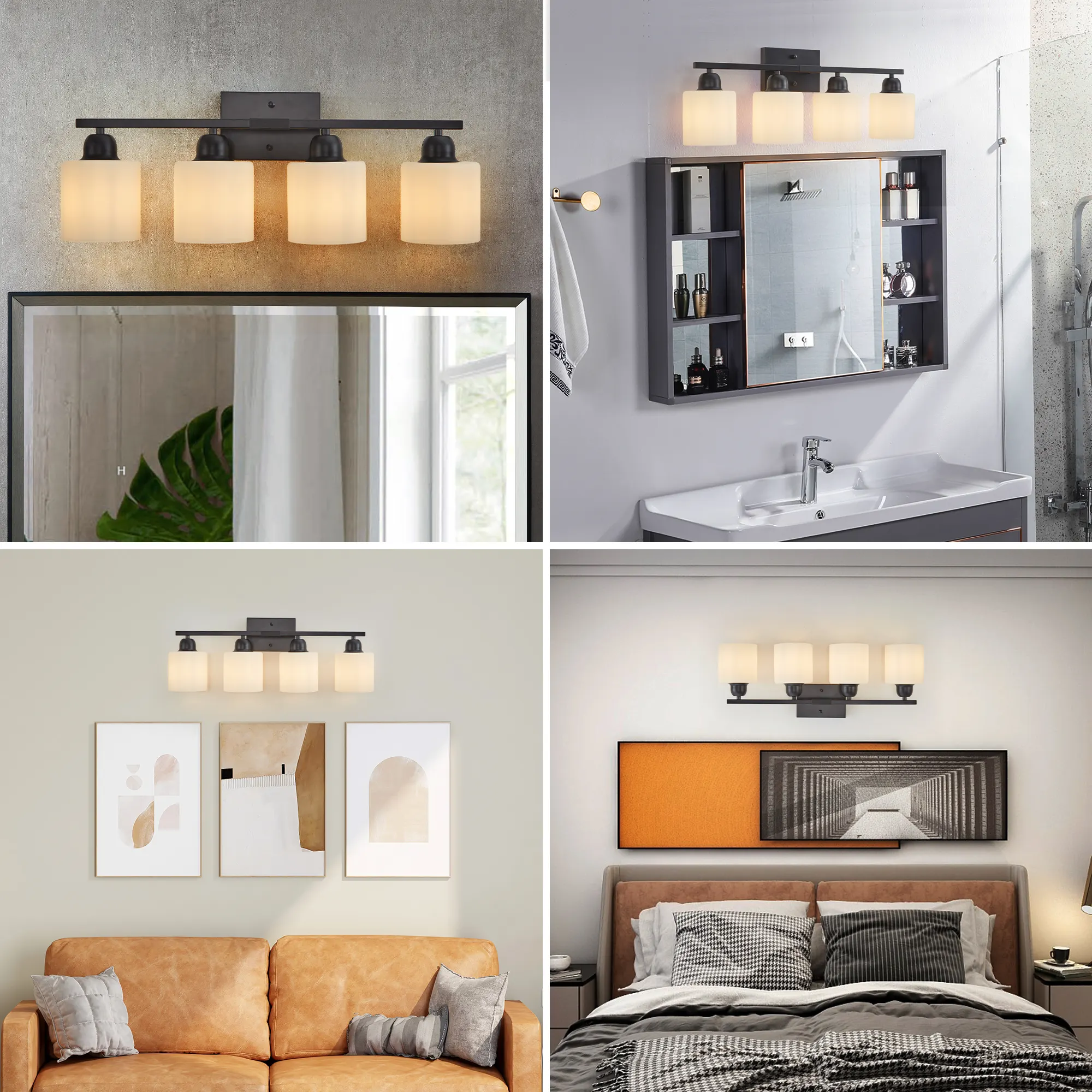 Matte Black 4-Light Glass Vanity Light, 24.8 in, image 4 of 6