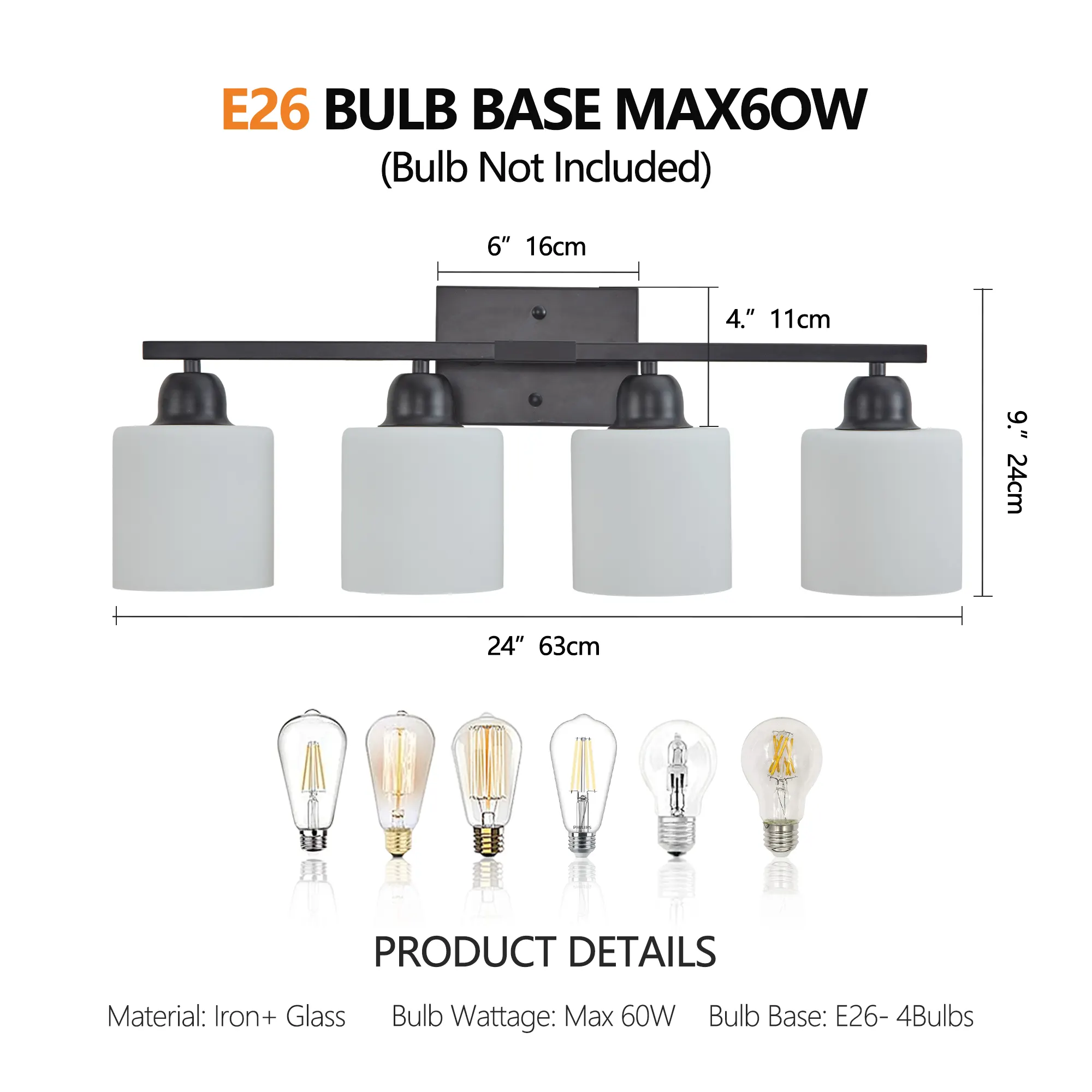Matte Black 4-Light Glass Vanity Light, 24.8 in, image 5 of 6