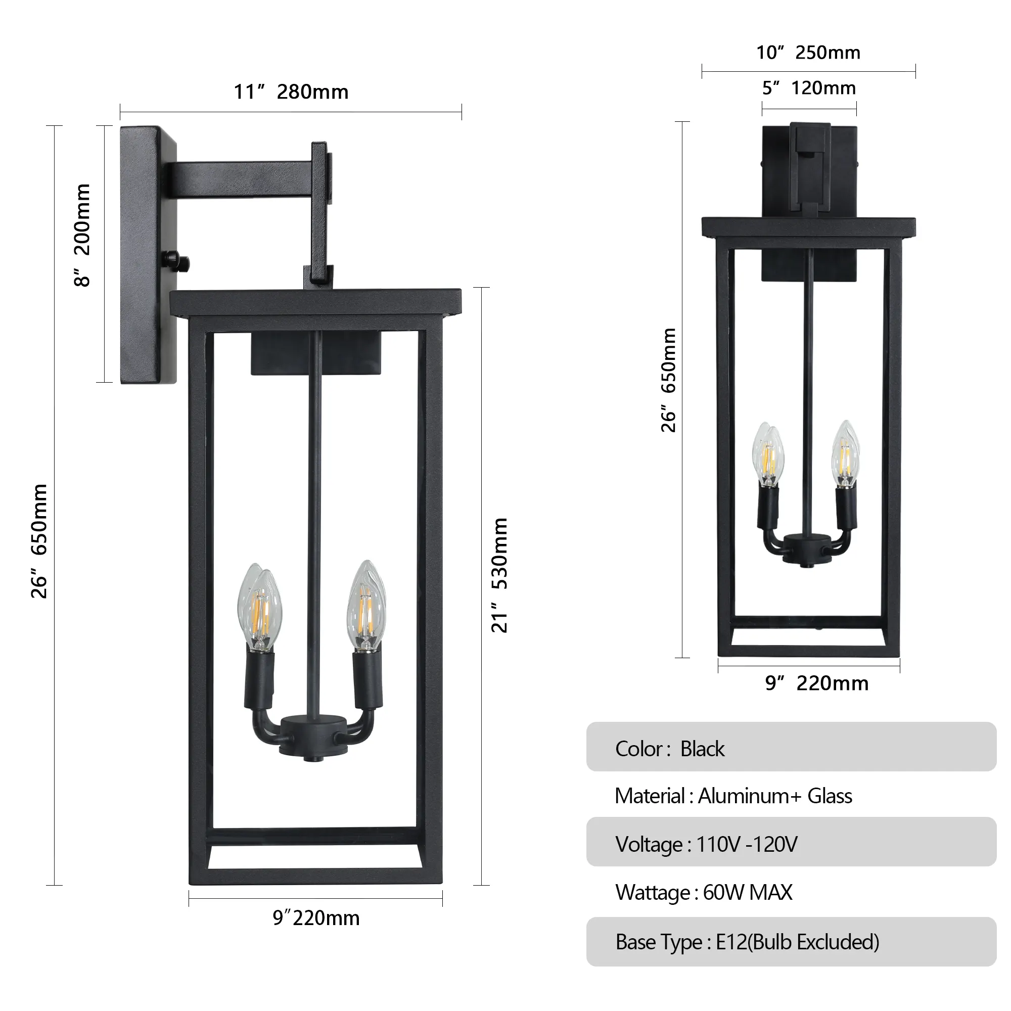 Modern Black Clear Glass Outdoor Wall Lantern, 26 in, image 7 of 7