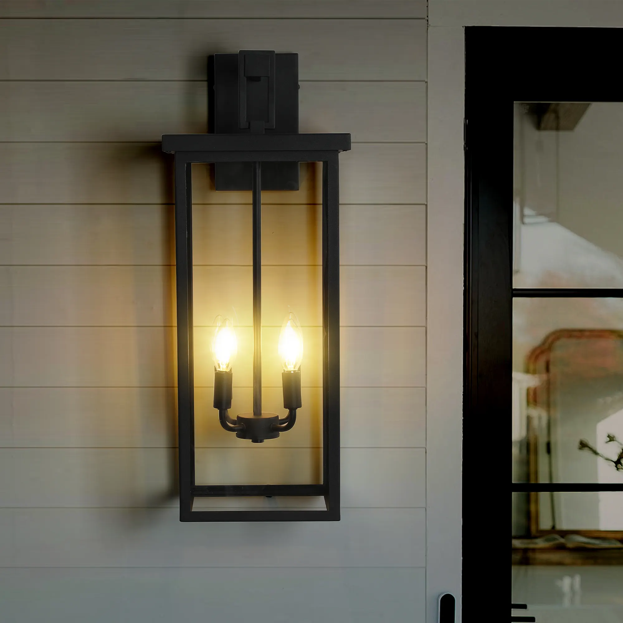 Modern Black Clear Glass Outdoor Wall Lantern, 26 in