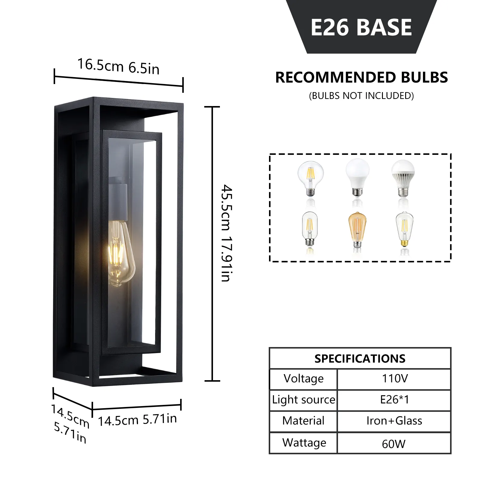 Matte Black 1-Light Glass Outdoor Wall Light, 17.9 in (2-Pack), image 9 of 9