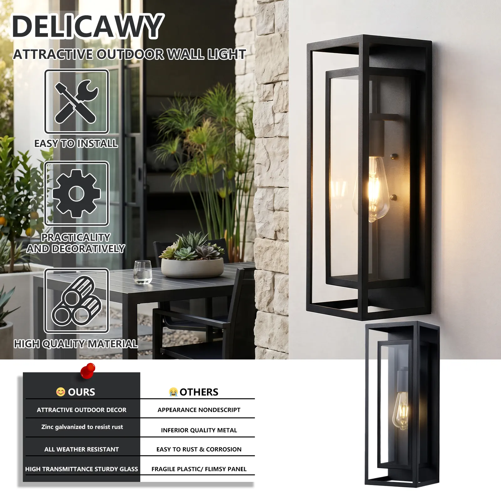 Matte Black 1-Light Glass Outdoor Wall Light, 17.9 in (2-Pack), image 7 of 9
