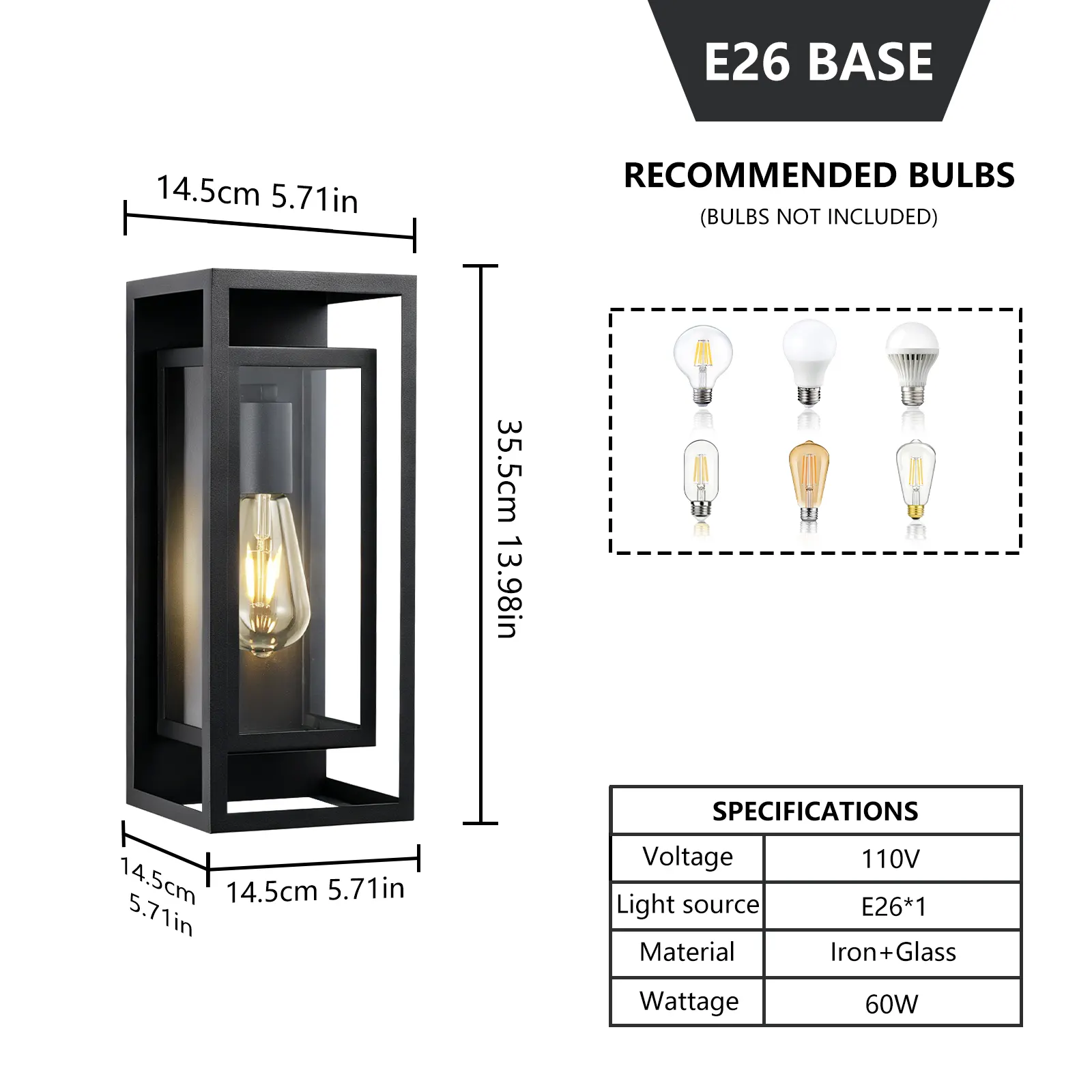 Matte Black 1-Light Glass Outdoor Wall Light, 14 in (2-Pack), image 9 of 9