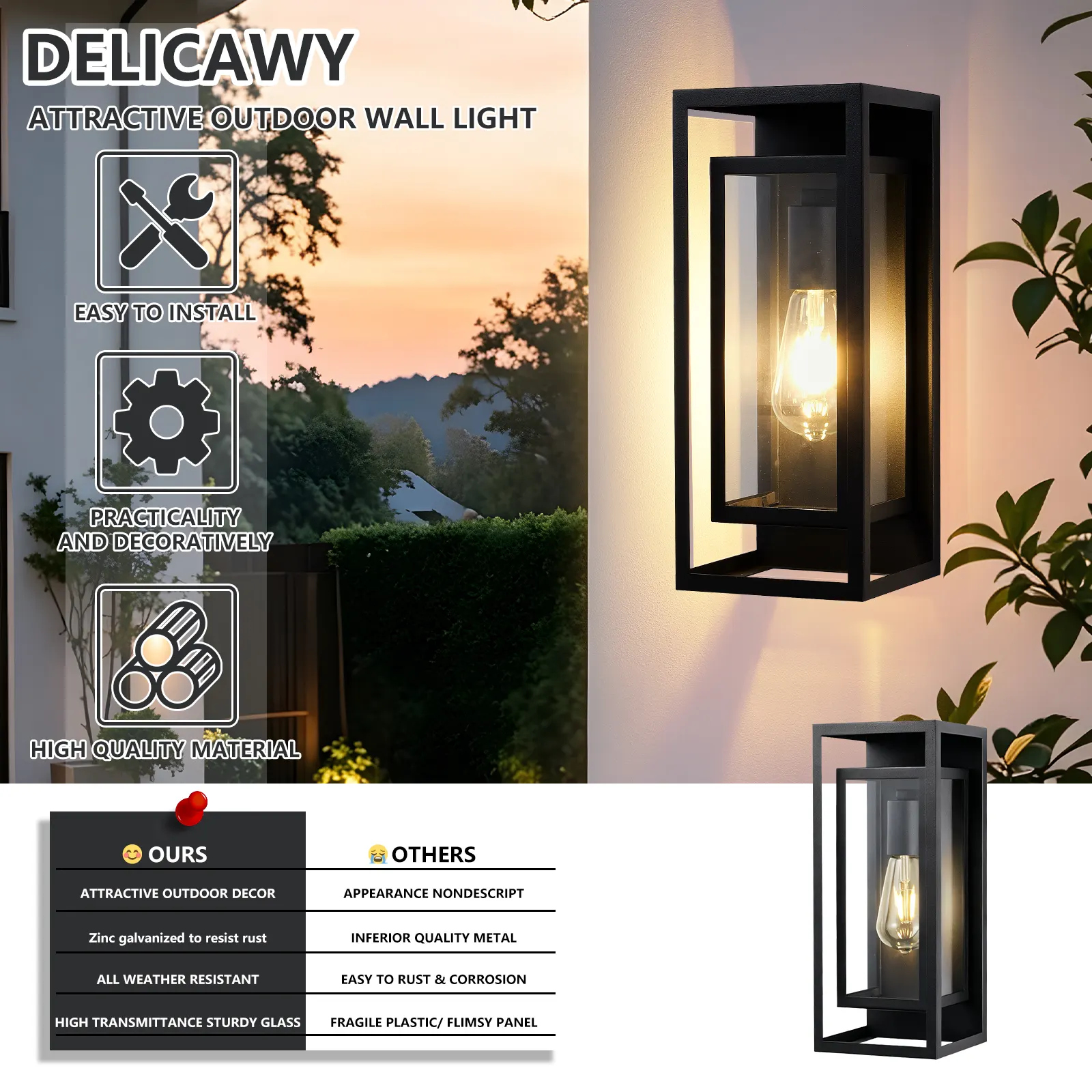 Matte Black 1-Light Glass Outdoor Wall Light, 14 in (2-Pack), image 7 of 9