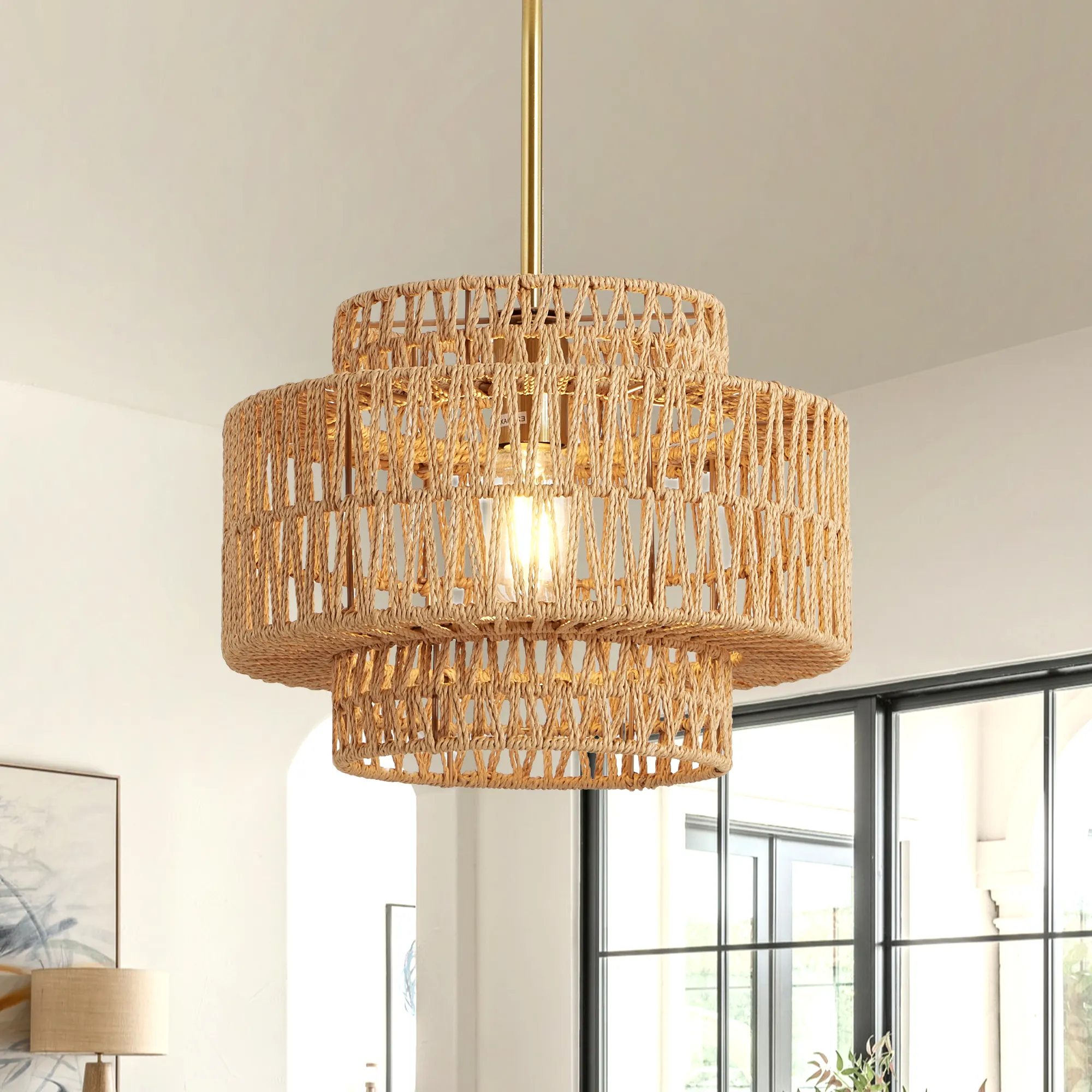 Farmhouse Rattan 1-Light Chandelier, 12.6 in