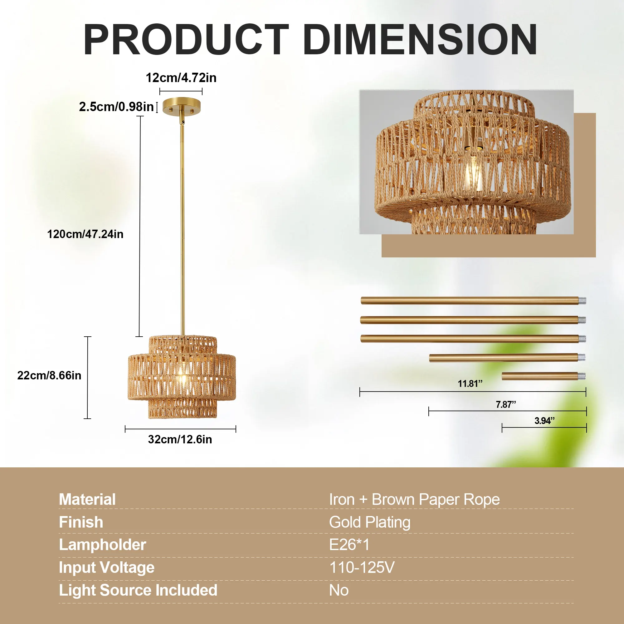 Farmhouse Rattan 1-Light Chandelier, 12.6 in, image 2 of 6