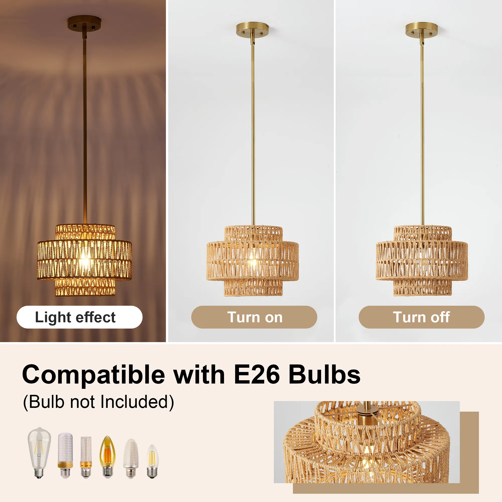 Farmhouse Rattan 1-Light Chandelier, 12.6 in, image 3 of 6