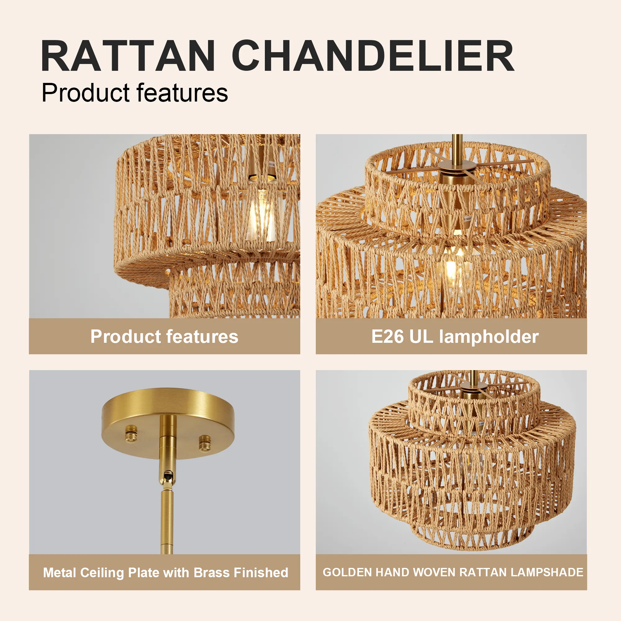 Farmhouse Rattan 1-Light Chandelier, 12.6 in, image 6 of 6