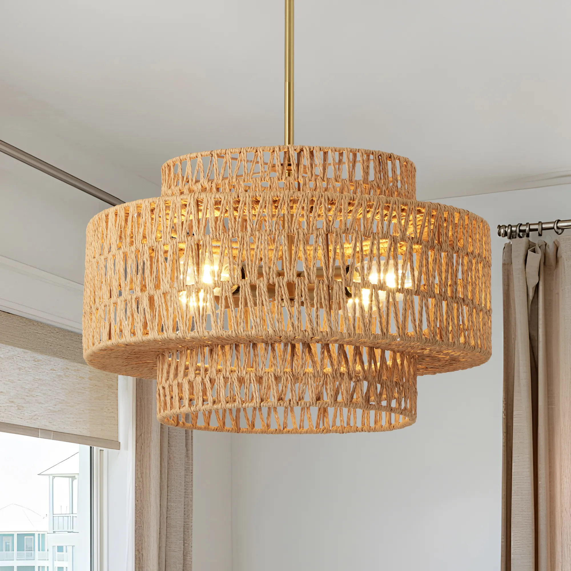Farmhouse Rattan 4-Light Chandelier, 17.7 in