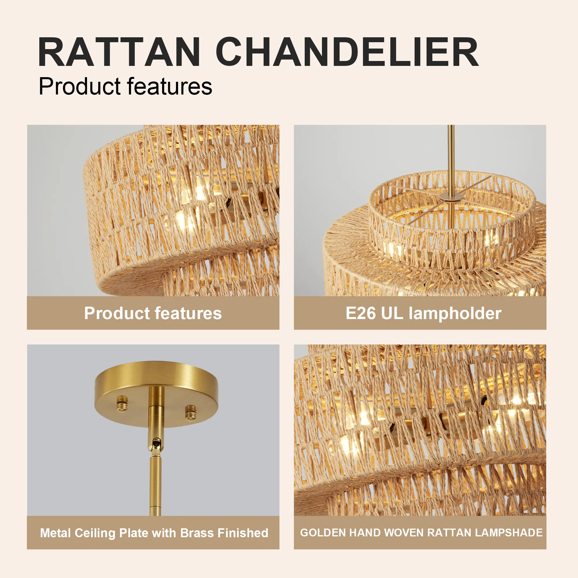 Farmhouse Rattan 4-Light Chandelier, 17.7 in, image 6 of 6