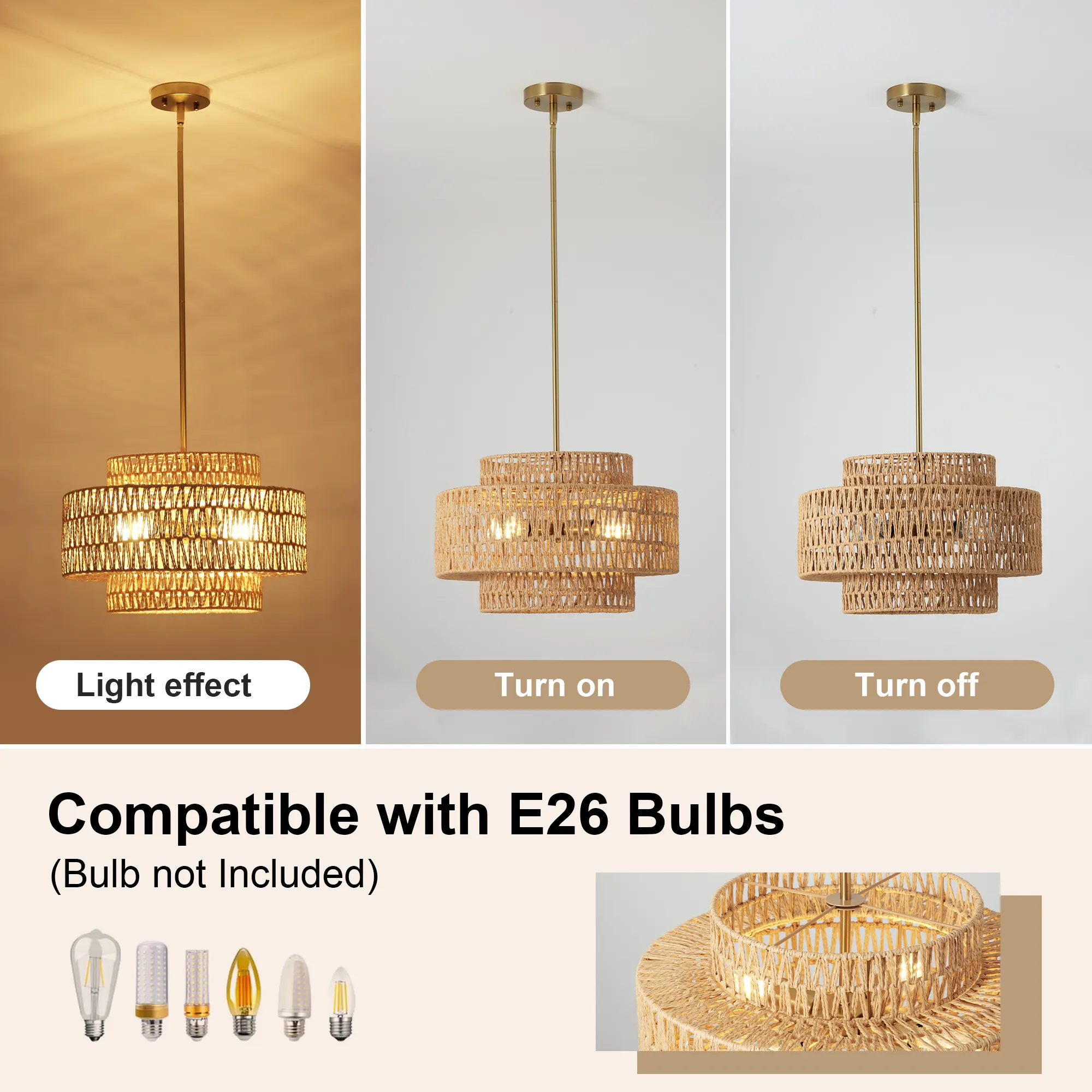 Farmhouse Rattan 4-Light Chandelier, 17.7 in, image 4 of 6