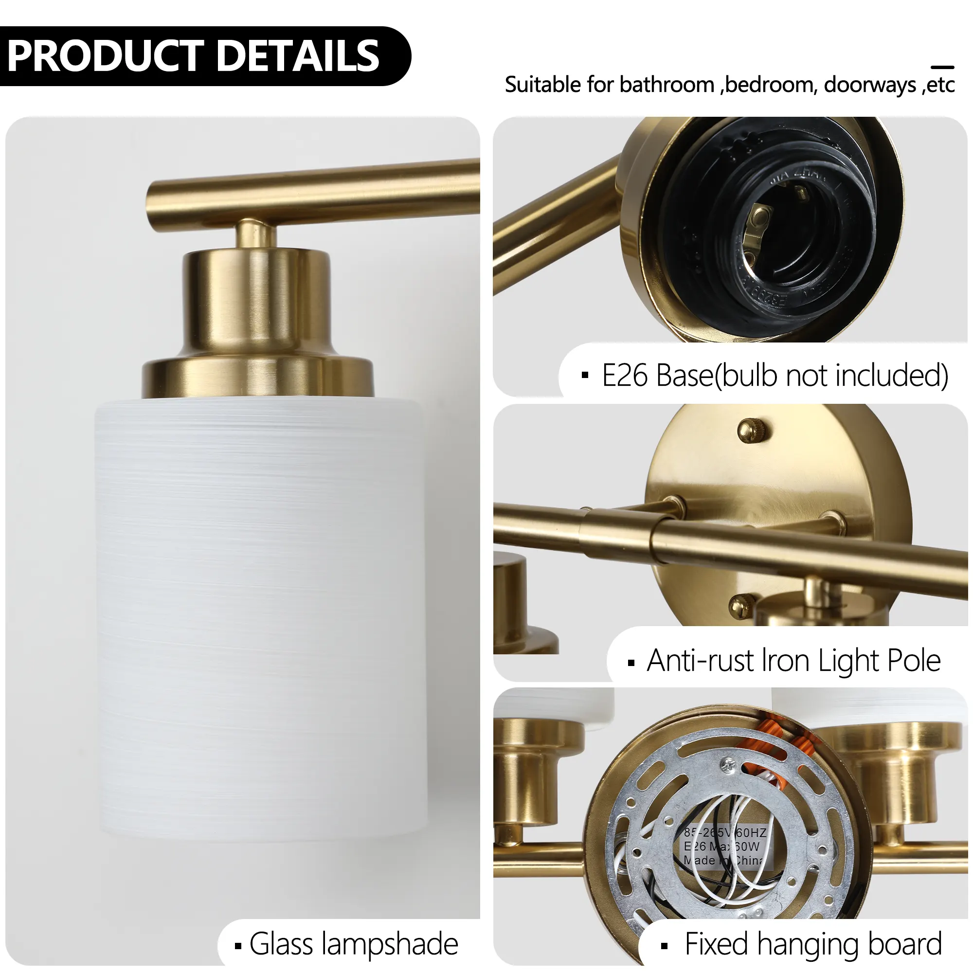 Modern Gold 5-Light Frosted Glass Vanity Light, 31 in, image 5 of 9