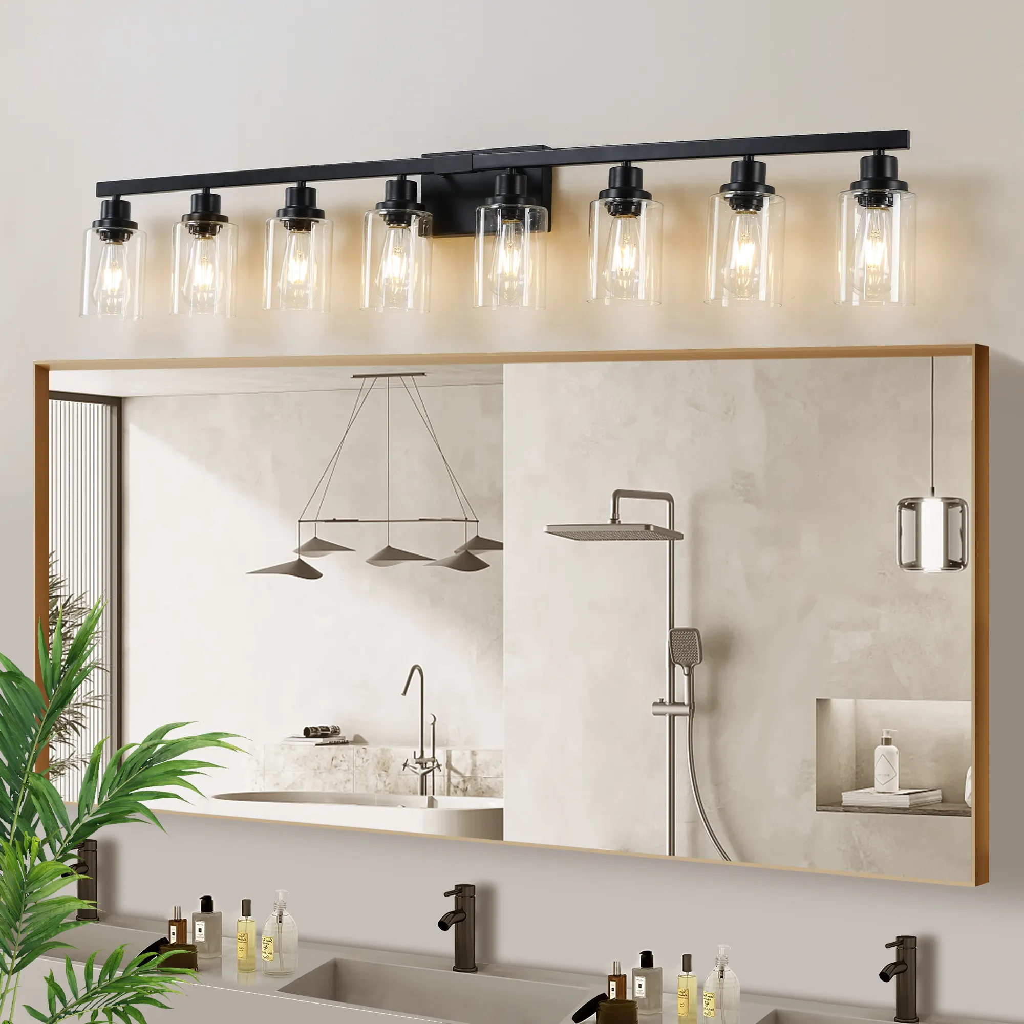 Modern Matte Black 8-Light Clear Glass Vanity Light, 51 in, image 2 of 9