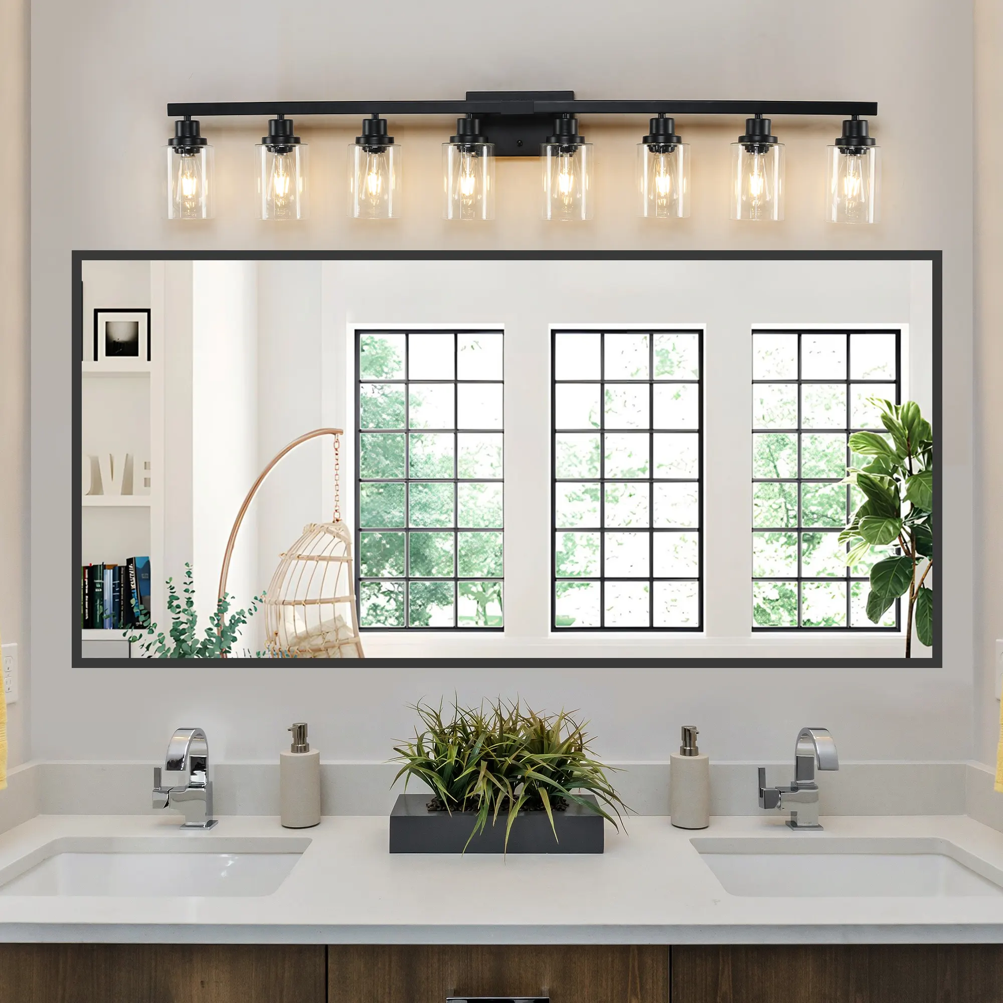 Modern Matte Black 8-Light Clear Glass Vanity Light, 51 in, image 3 of 9