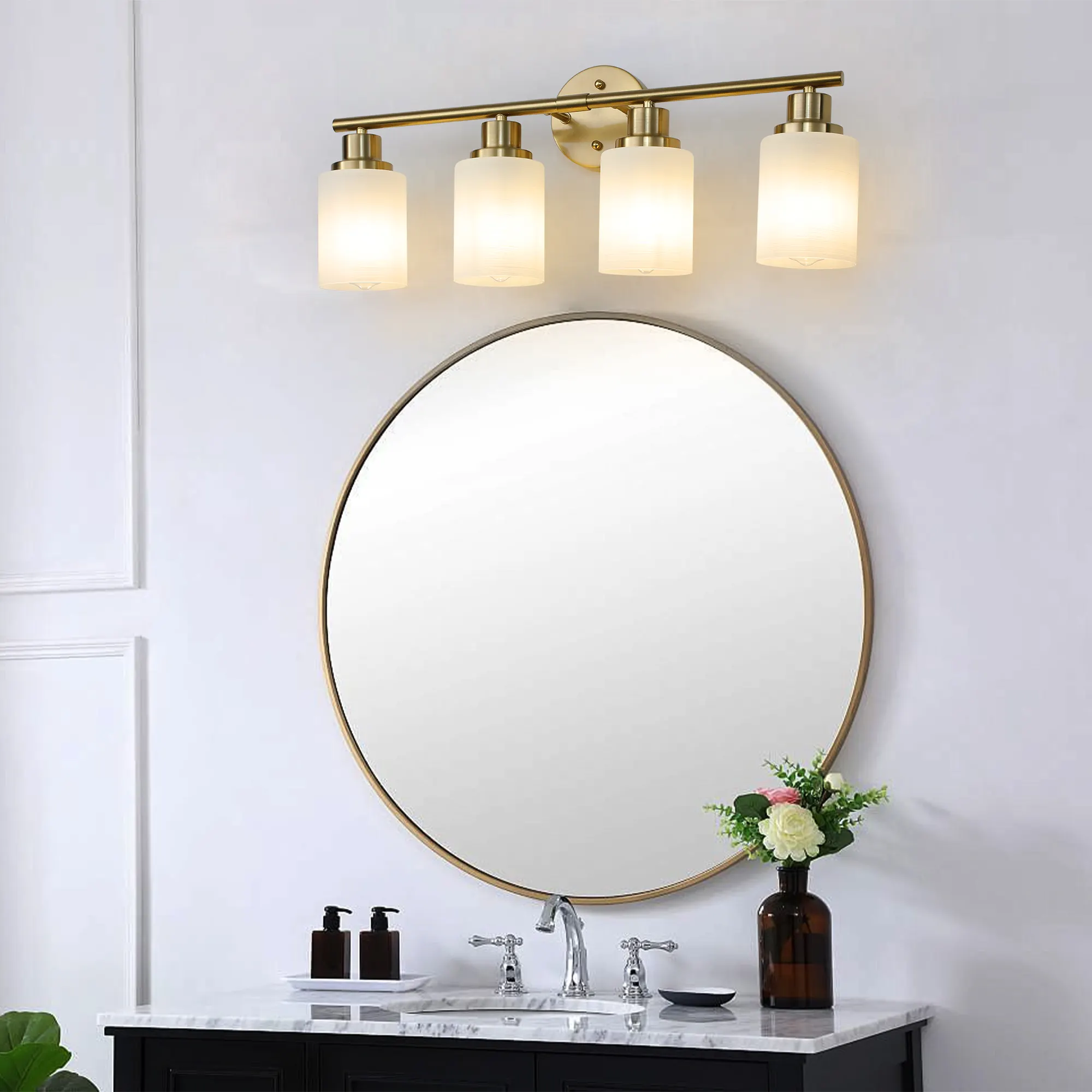 Modern Gold 4-Light Frosted Glass Vanity Light, 24 in